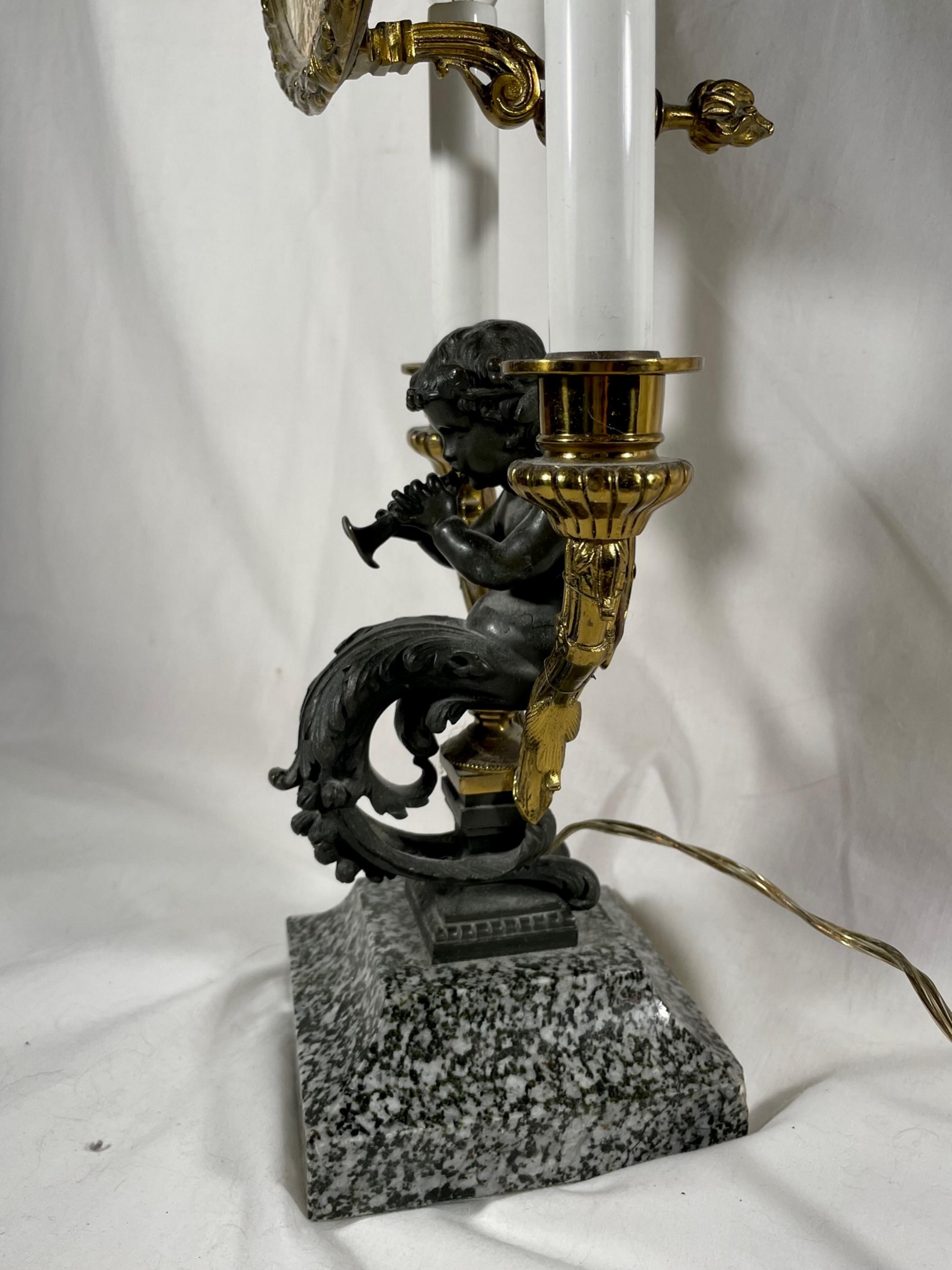 19th C. Louis XV Style Bronze Two Light Table Lamp with Adjustable “Pare-feu