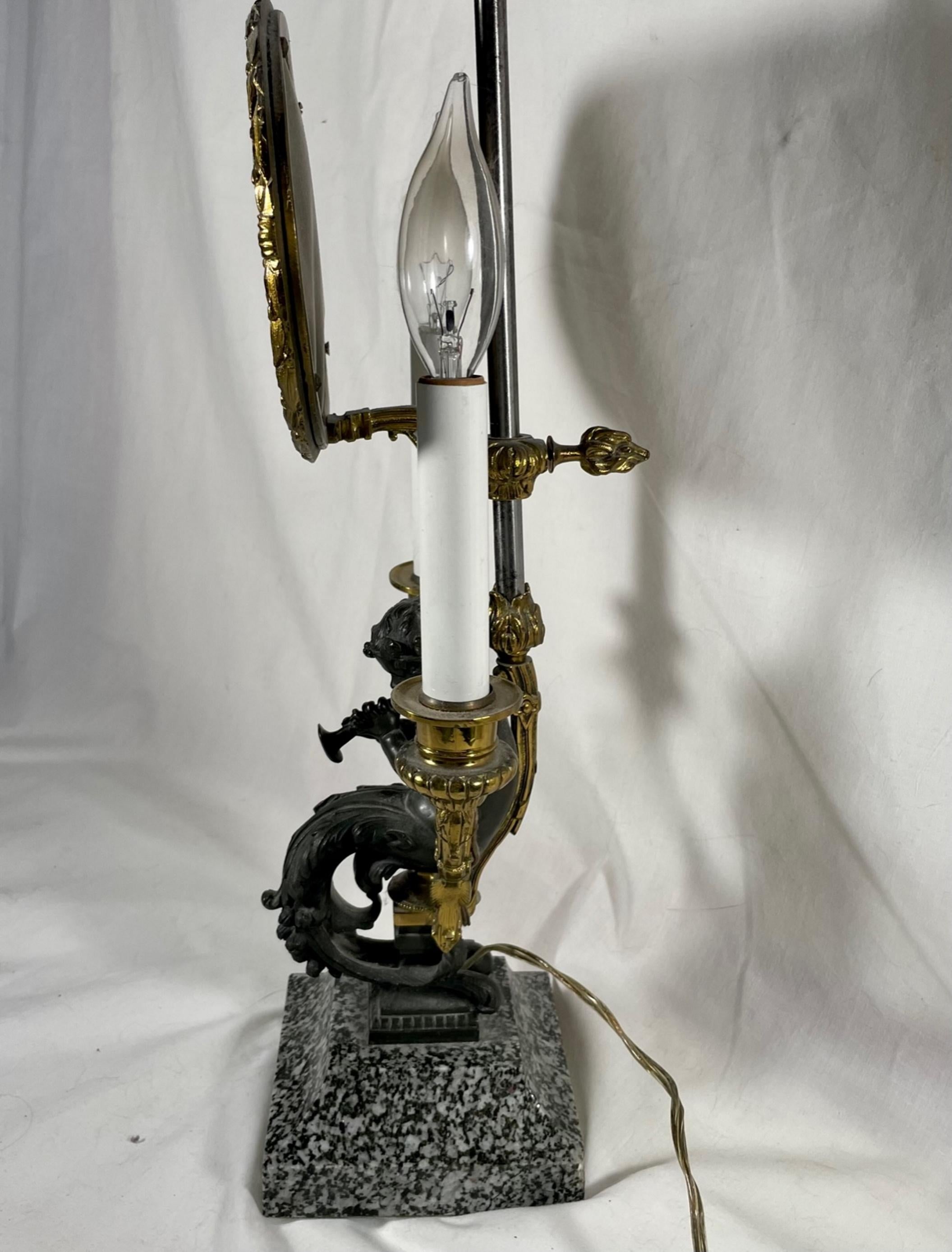 19th C. Louis XV Style Bronze Two Light Table Lamp with Adjustable “Pare-feu