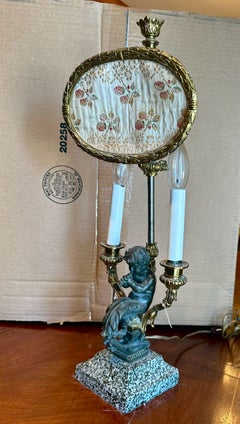 Zwei-Licht-Tischlampe aus Bronze im Louis-XV-Stil des 19. Jahrhunderts mit verstellbarer Pare-feu""