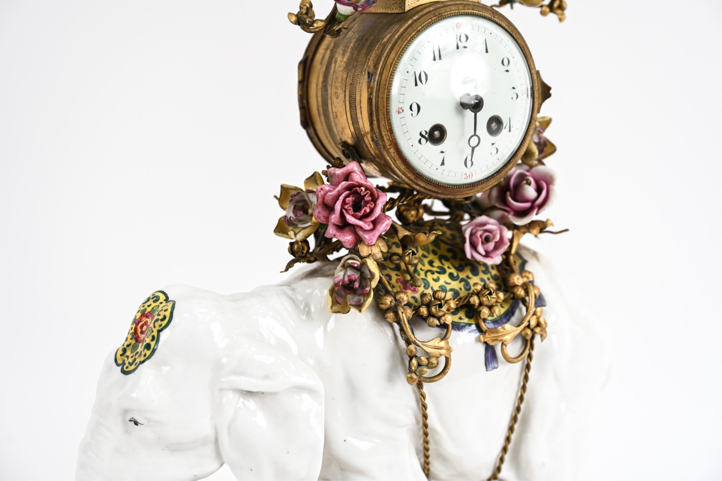 Porcelain 19th C. Louis XV-Style Elephant Mantel Clock