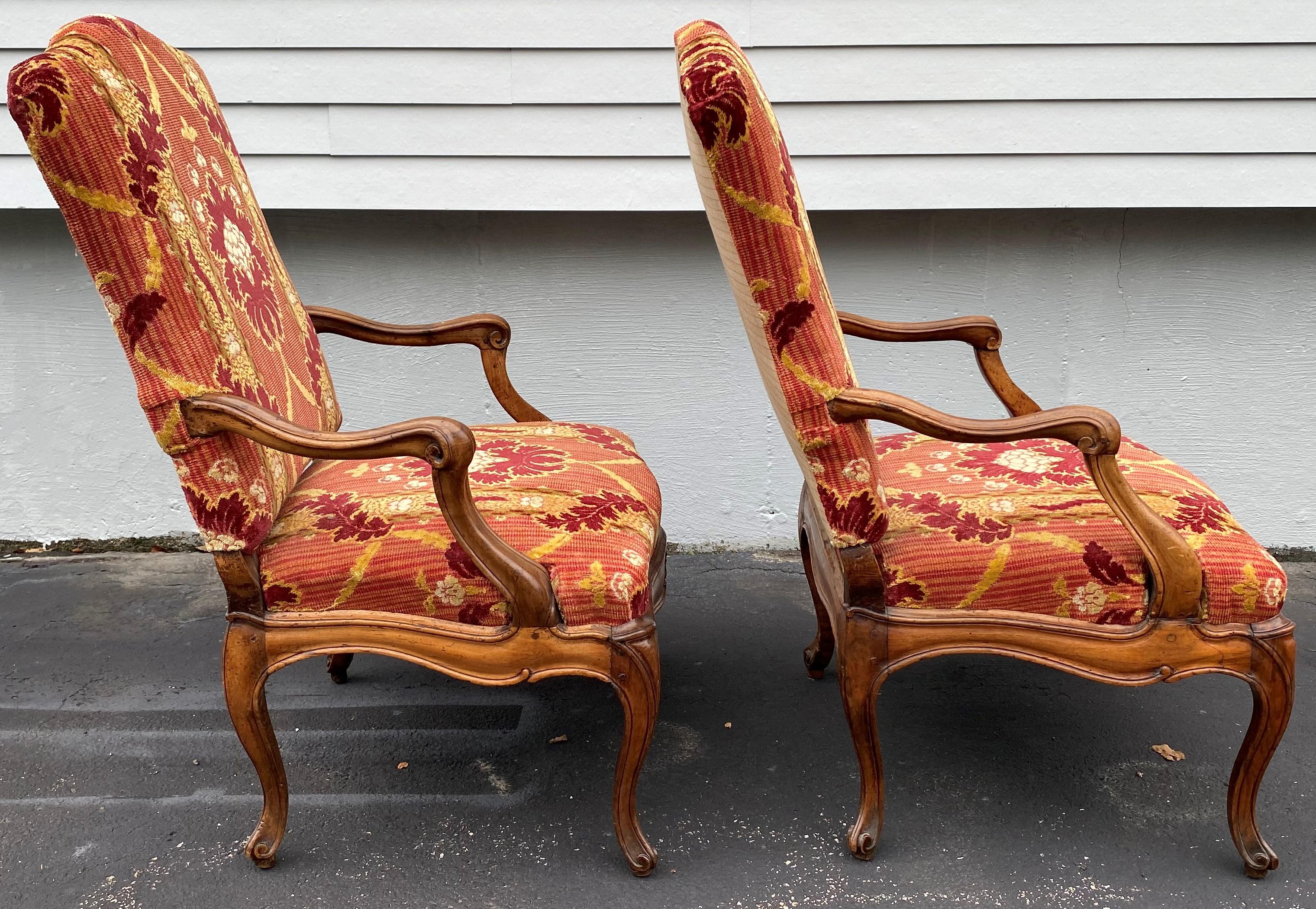 French Provincial 19th c Louis XV Style Foliate Upholstered Fruitwood Armchairs For Sale