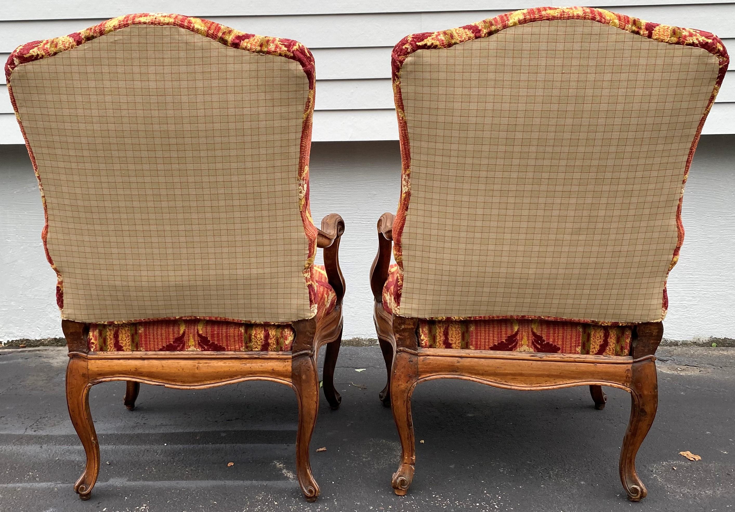 French 19th c Louis XV Style Foliate Upholstered Fruitwood Armchairs For Sale