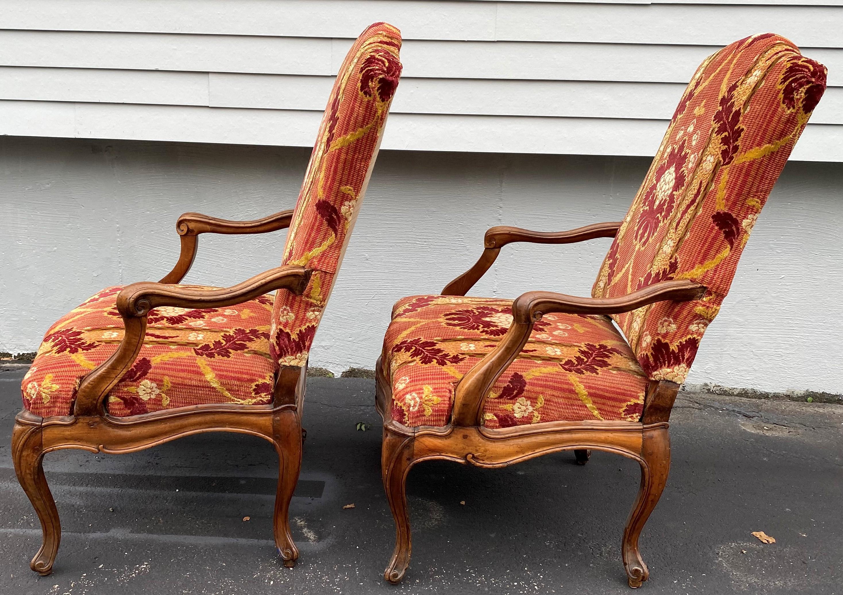Hand-Carved 19th c Louis XV Style Foliate Upholstered Fruitwood Armchairs For Sale