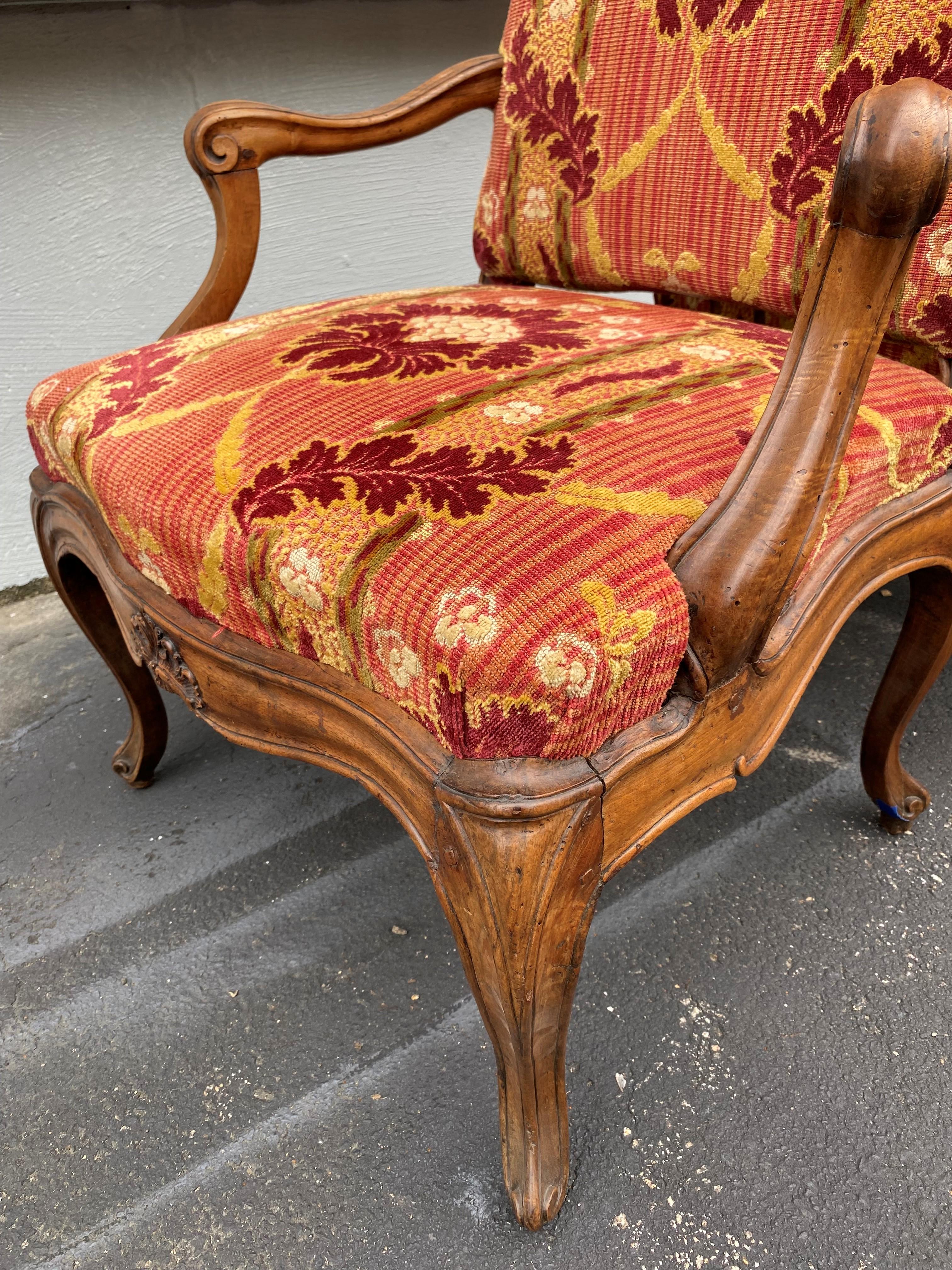 19th c Louis XV Style Foliate Upholstered Fruitwood Armchairs In Good Condition For Sale In Milford, NH