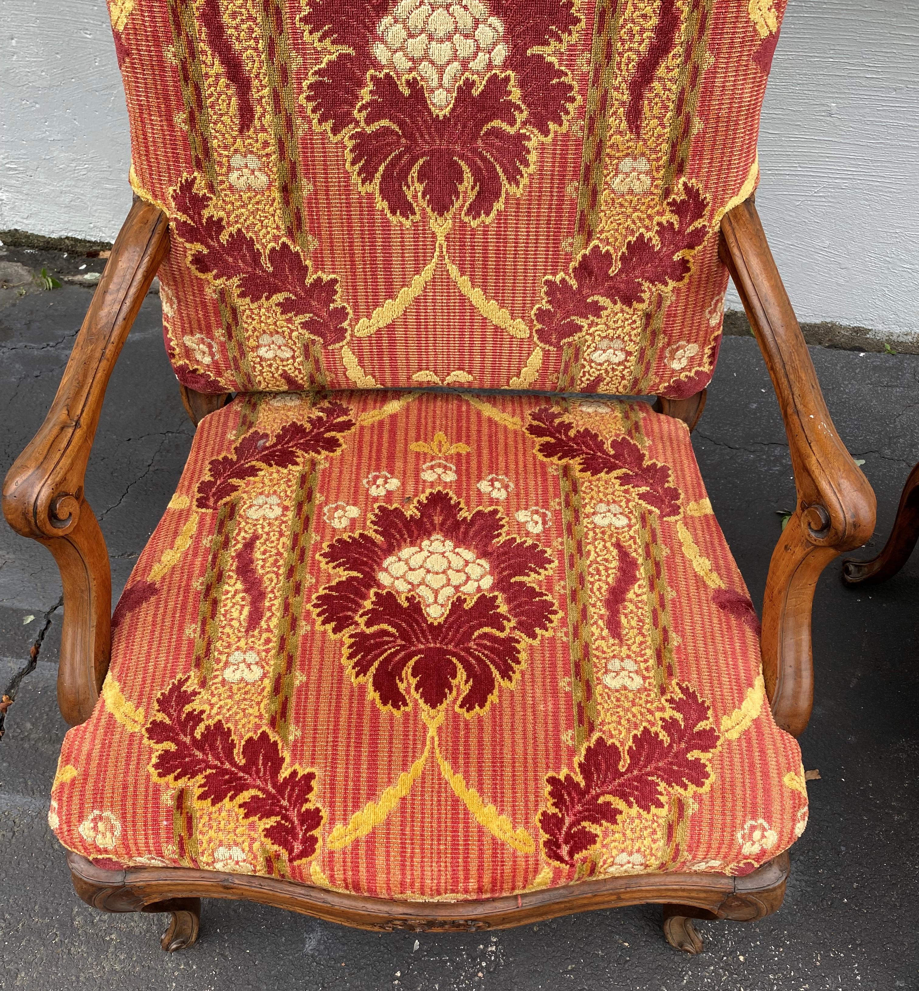 Upholstery 19th c Louis XV Style Foliate Upholstered Fruitwood Armchairs For Sale