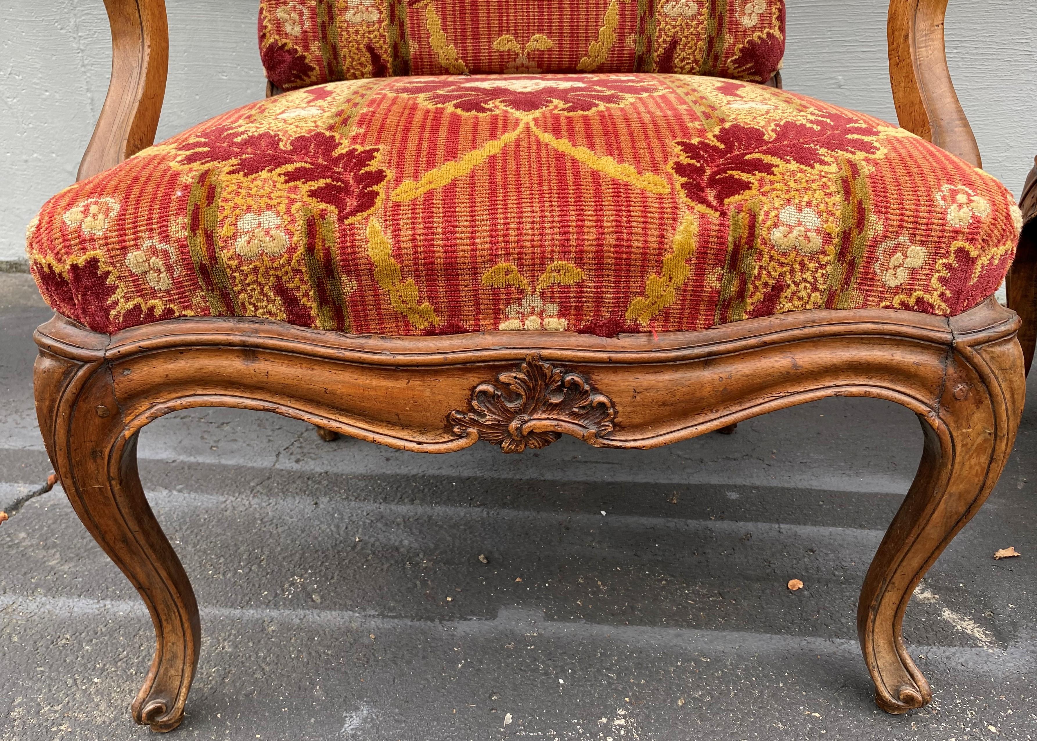 19th c Louis XV Style Foliate Upholstered Fruitwood Armchairs For Sale 1
