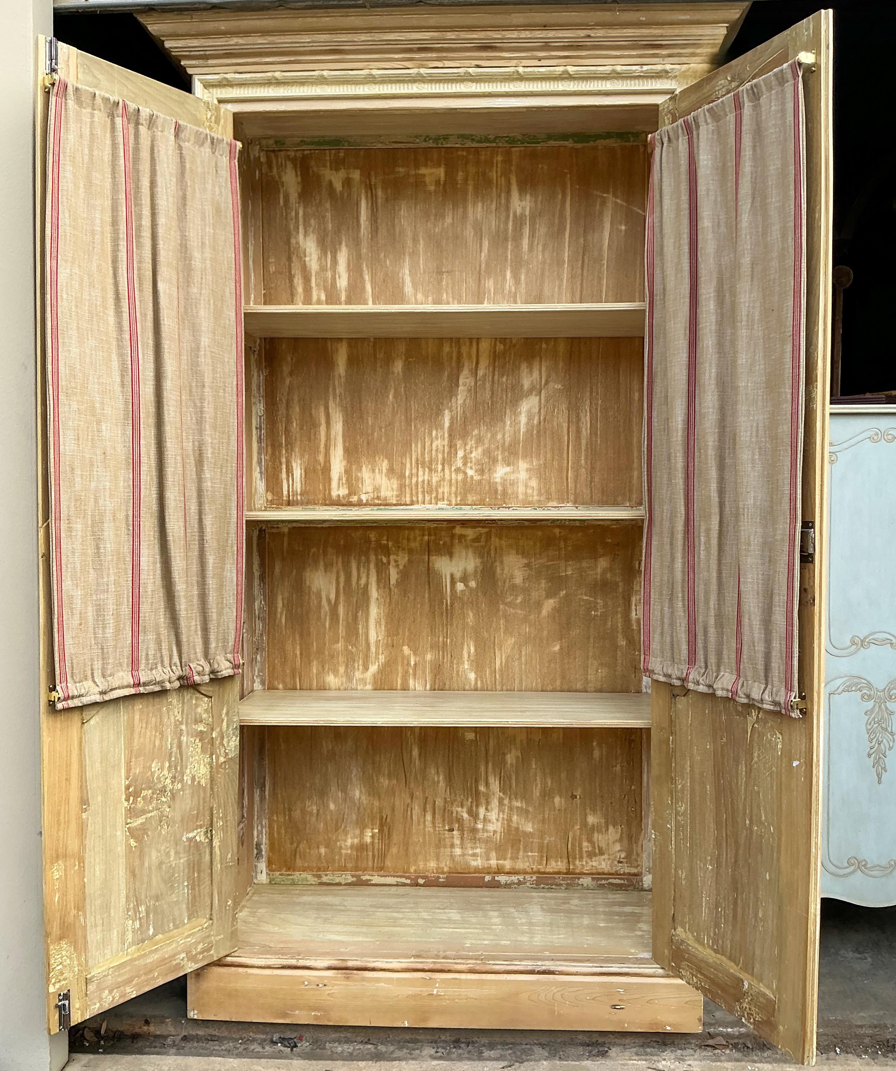 Fabric 19th-C. Louis XV Style French Pine Cabinet / Bookcase / Armoire W/ Ticking For Sale