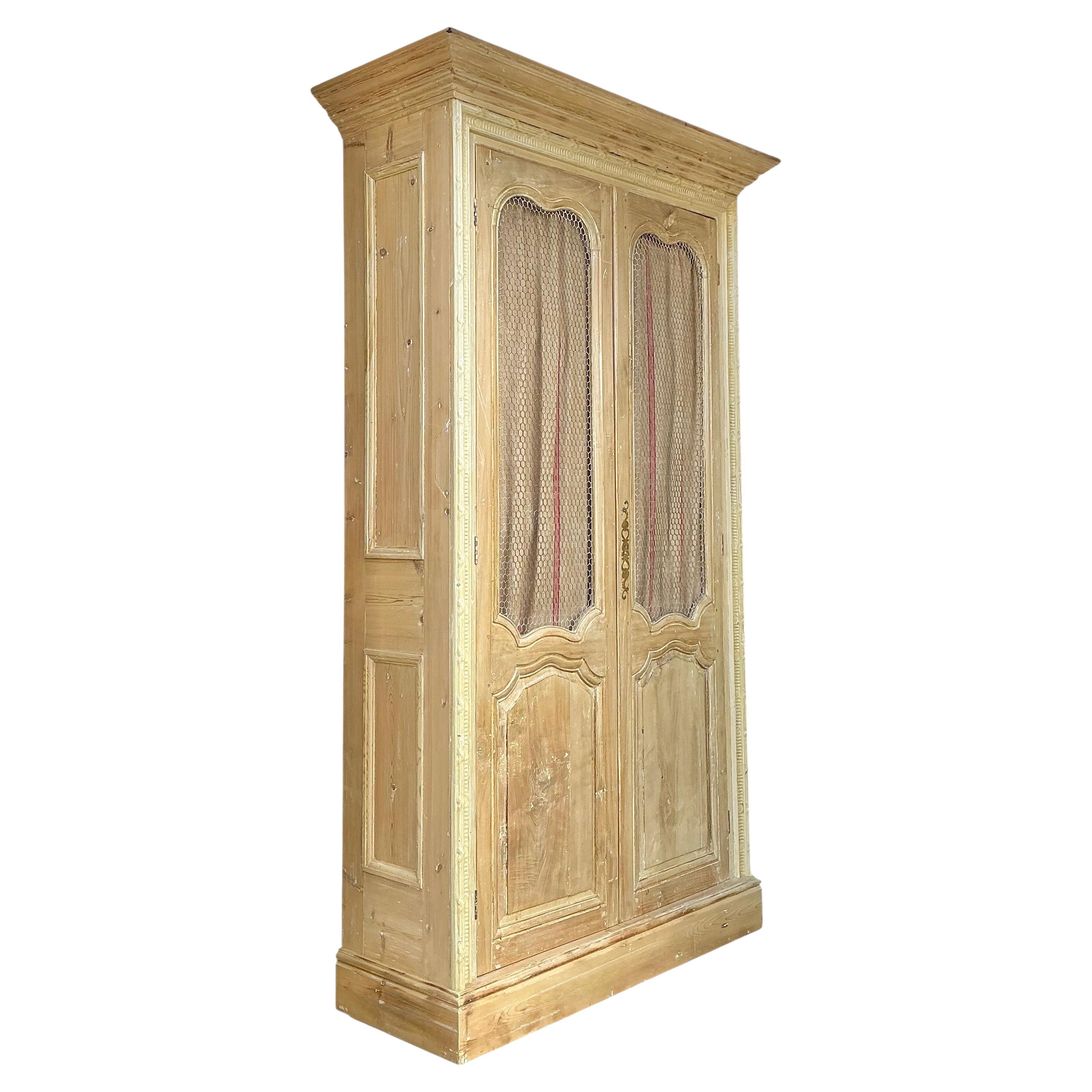 19th-C. Louis XV Style French Pine Cabinet / Bookcase / Armoire W/ Ticking For Sale