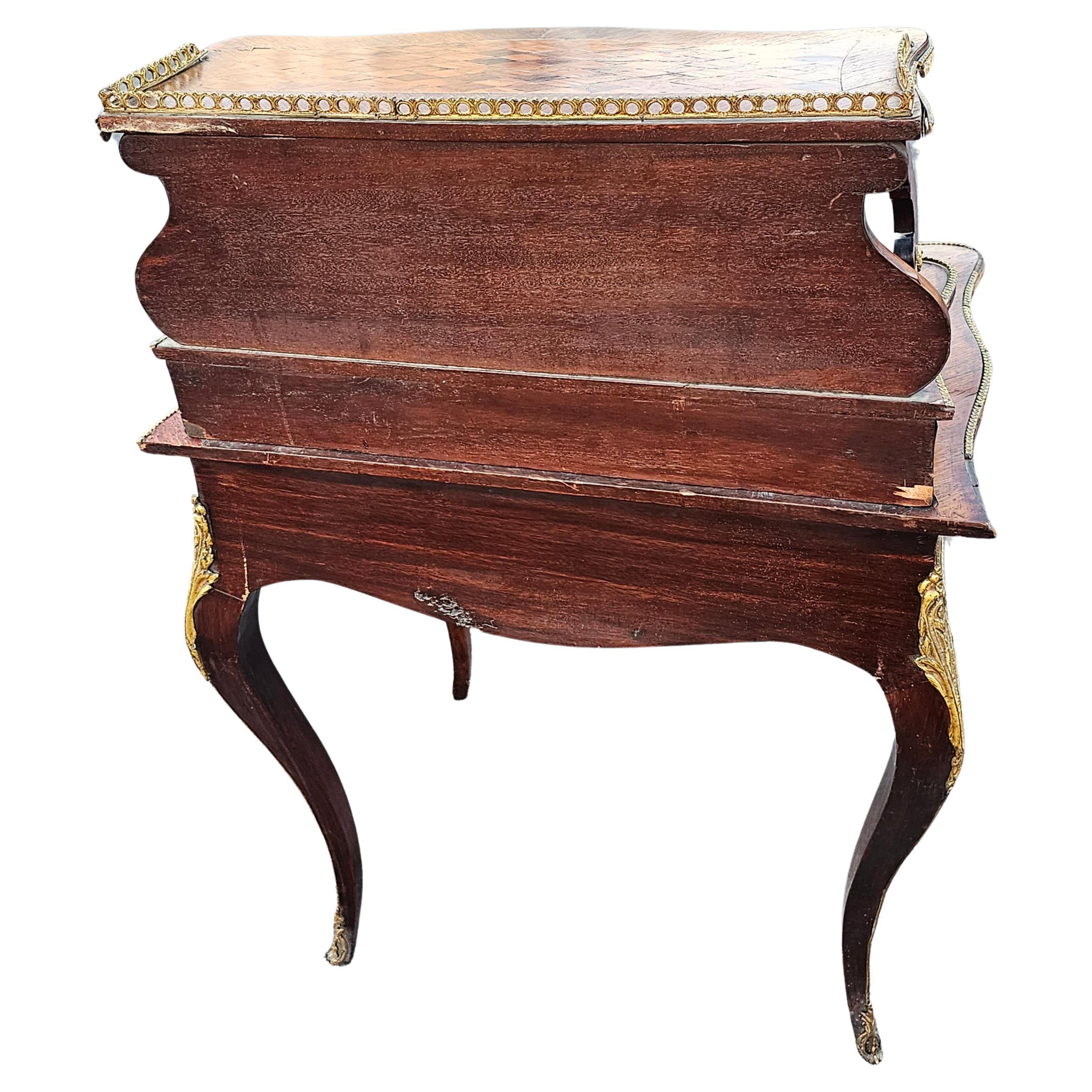 19th C. Louis XV Style Kingwood Marquetry & Ormolu Bonheur Du Jour Writing Desk For Sale 6