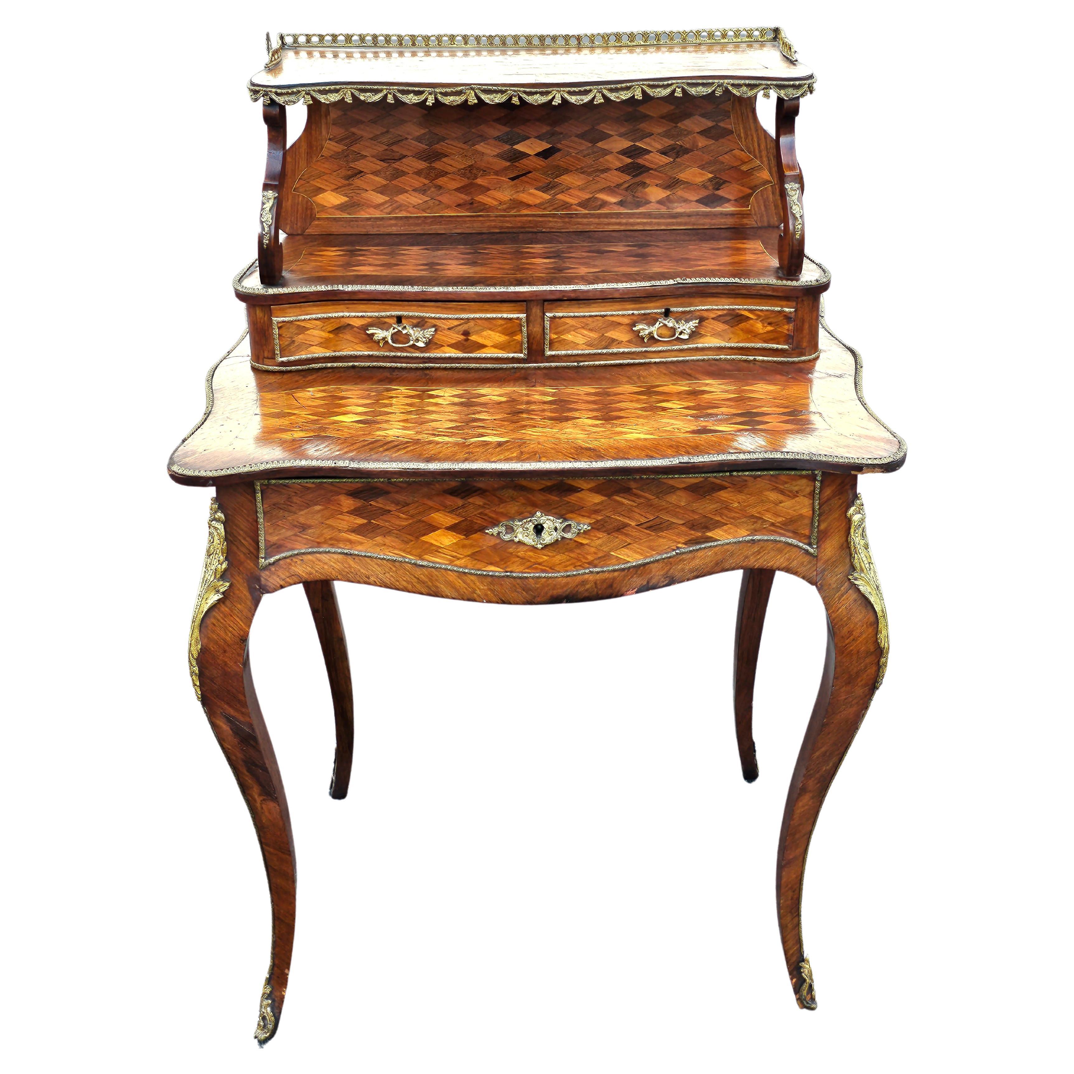 French 19th C. Louis XV Style Kingwood Marquetry & Ormolu Bonheur Du Jour Writing Desk For Sale