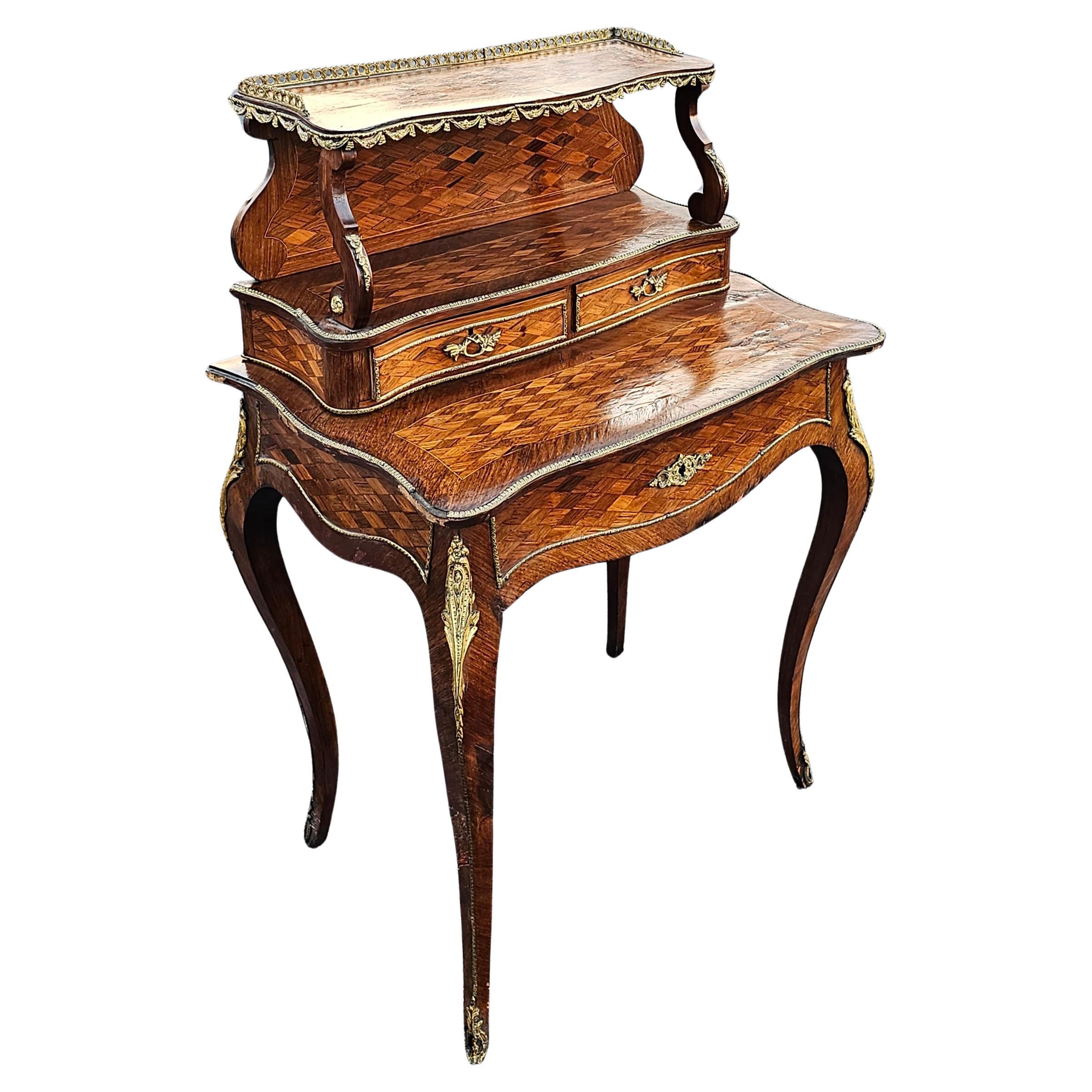 Veneer 19th C. Louis XV Style Kingwood Marquetry & Ormolu Bonheur Du Jour Writing Desk For Sale
