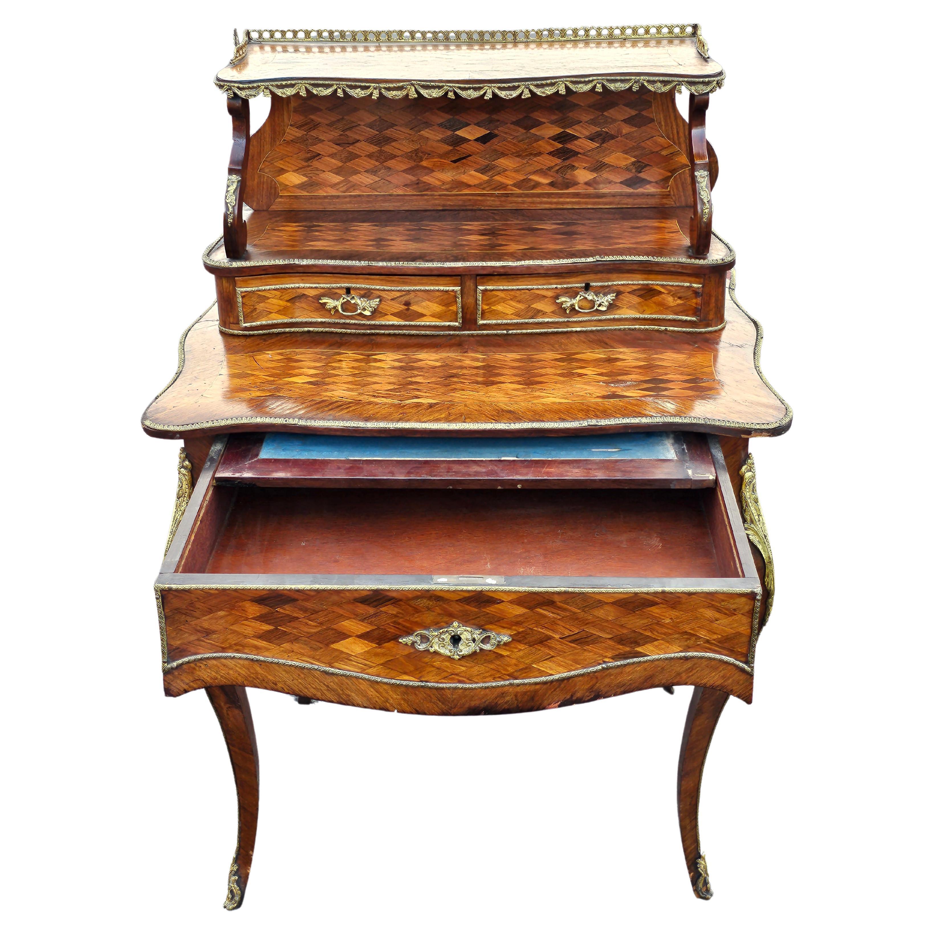 19th C. Louis XV Style Kingwood Marquetry & Ormolu Bonheur Du Jour Writing Desk In Good Condition For Sale In Germantown, MD