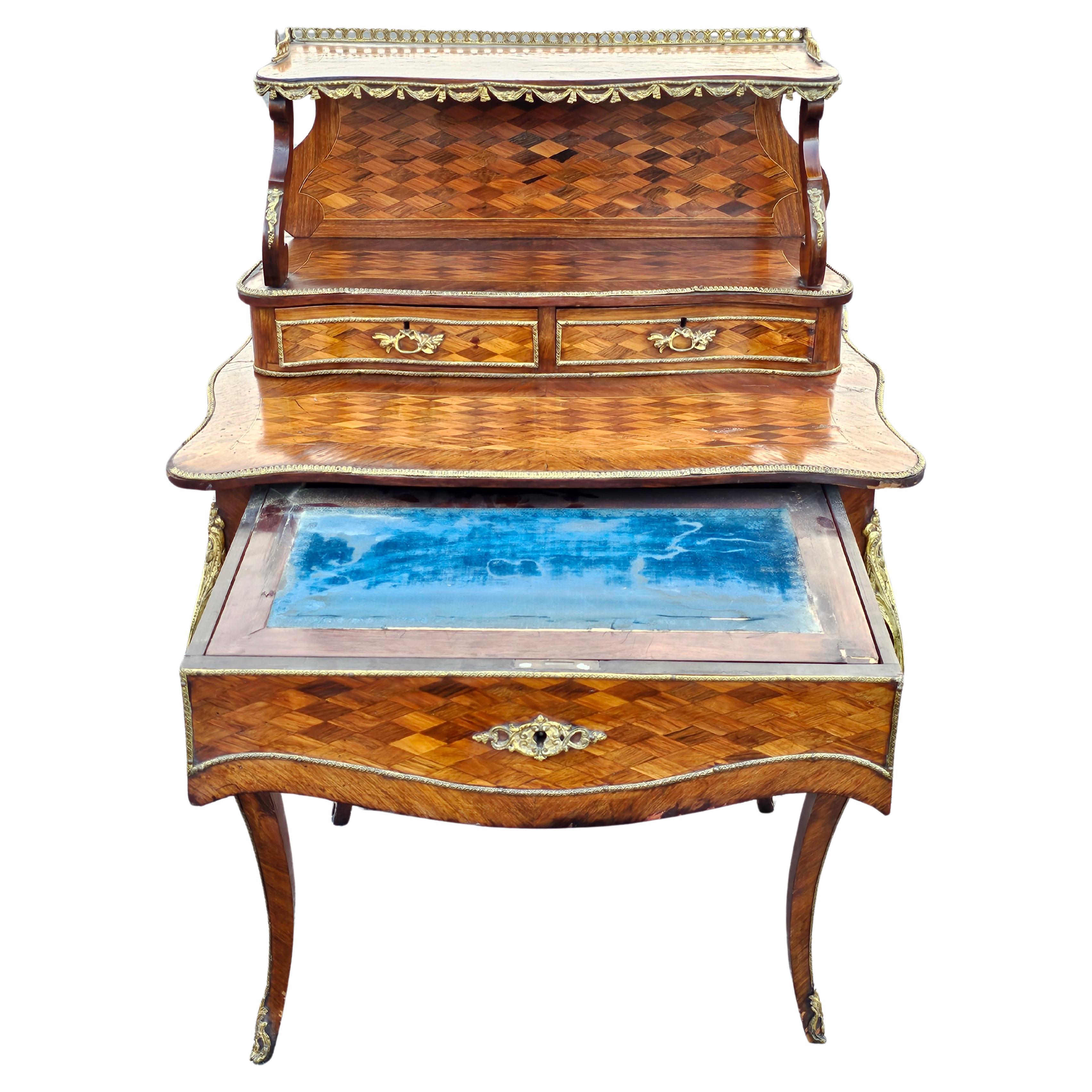 19th Century 19th C. Louis XV Style Kingwood Marquetry & Ormolu Bonheur Du Jour Writing Desk For Sale