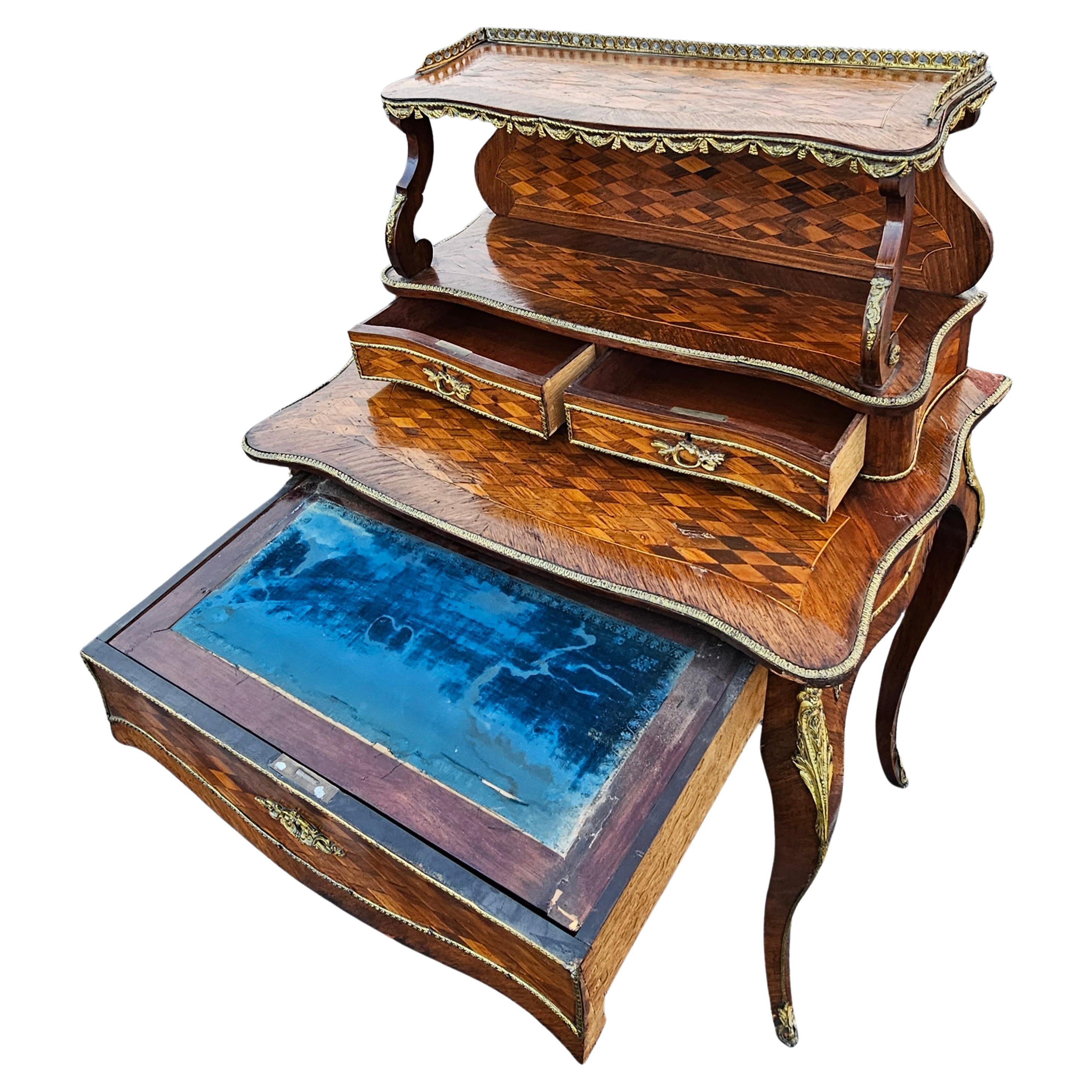 19th C. Louis XV Style Kingwood Marquetry & Ormolu Bonheur Du Jour Writing Desk For Sale 3