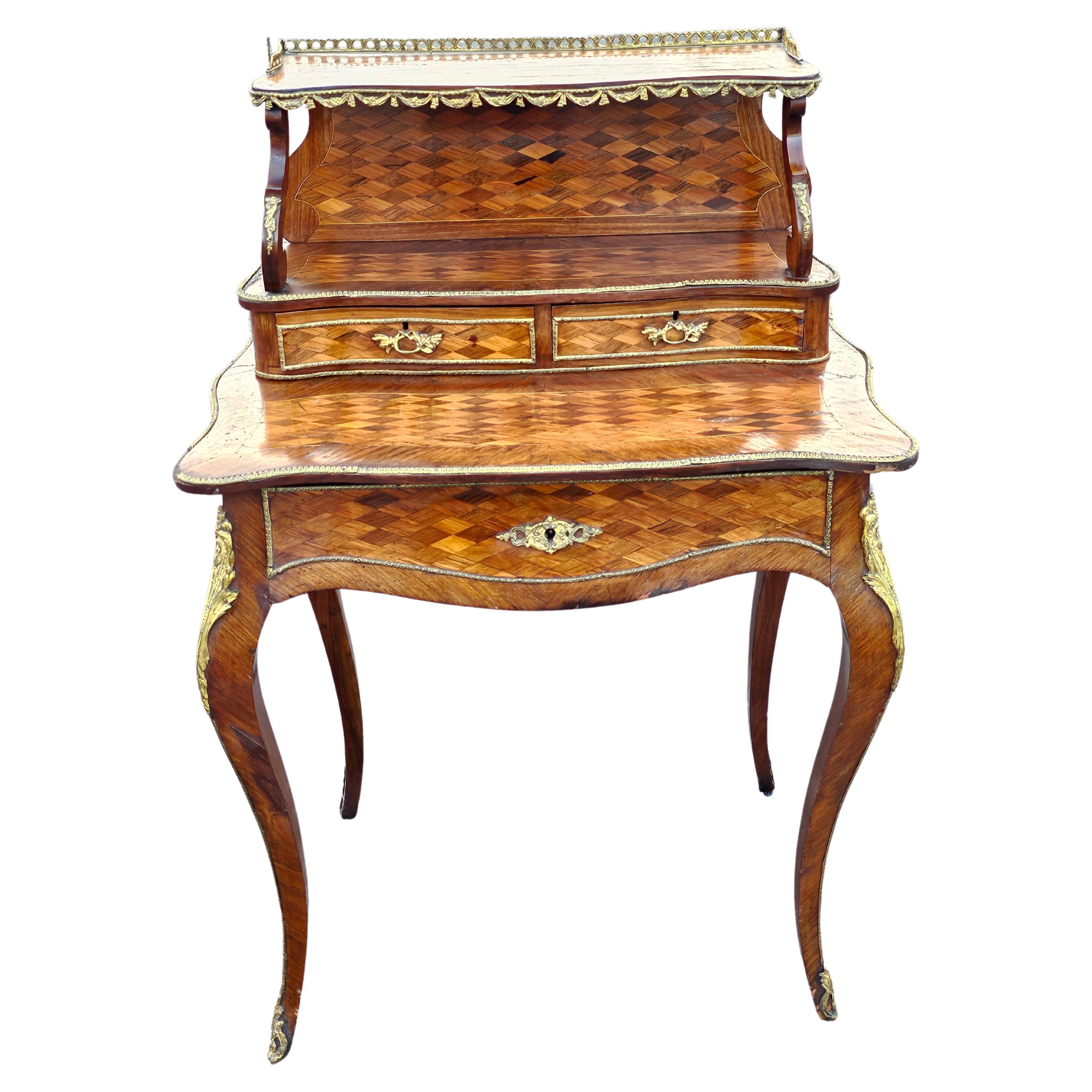 19th C. Louis XV Style Kingwood Marquetry & Ormolu Bonheur Du Jour Writing Desk For Sale