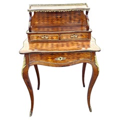 19th C. Louis XV Style Kingwood Marquetry & Ormolu Bonheur Du Jour Writing Desk