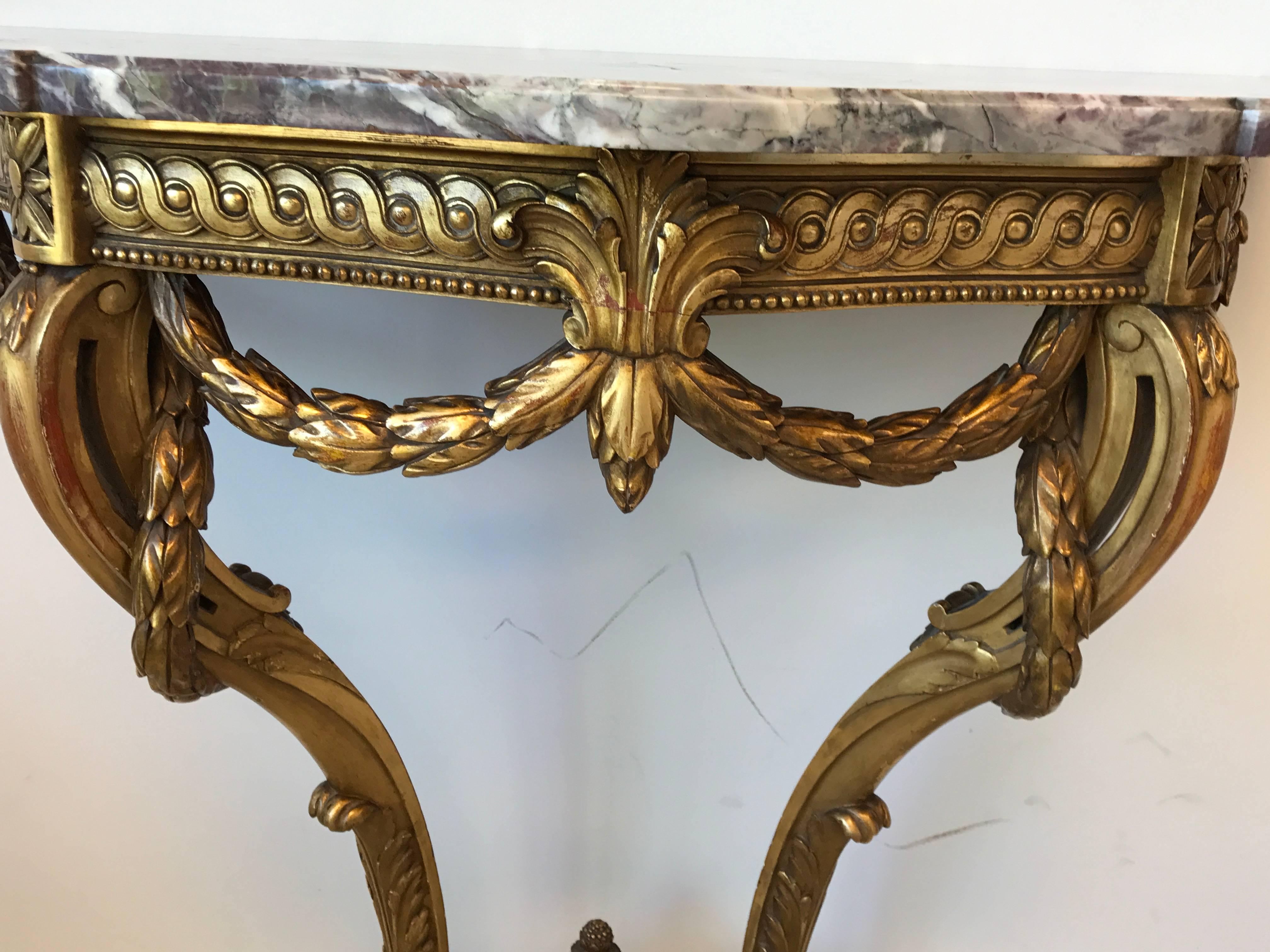 19th Century Louis XVI French Giltwood Demilune Table with Marble Top For Sale 1