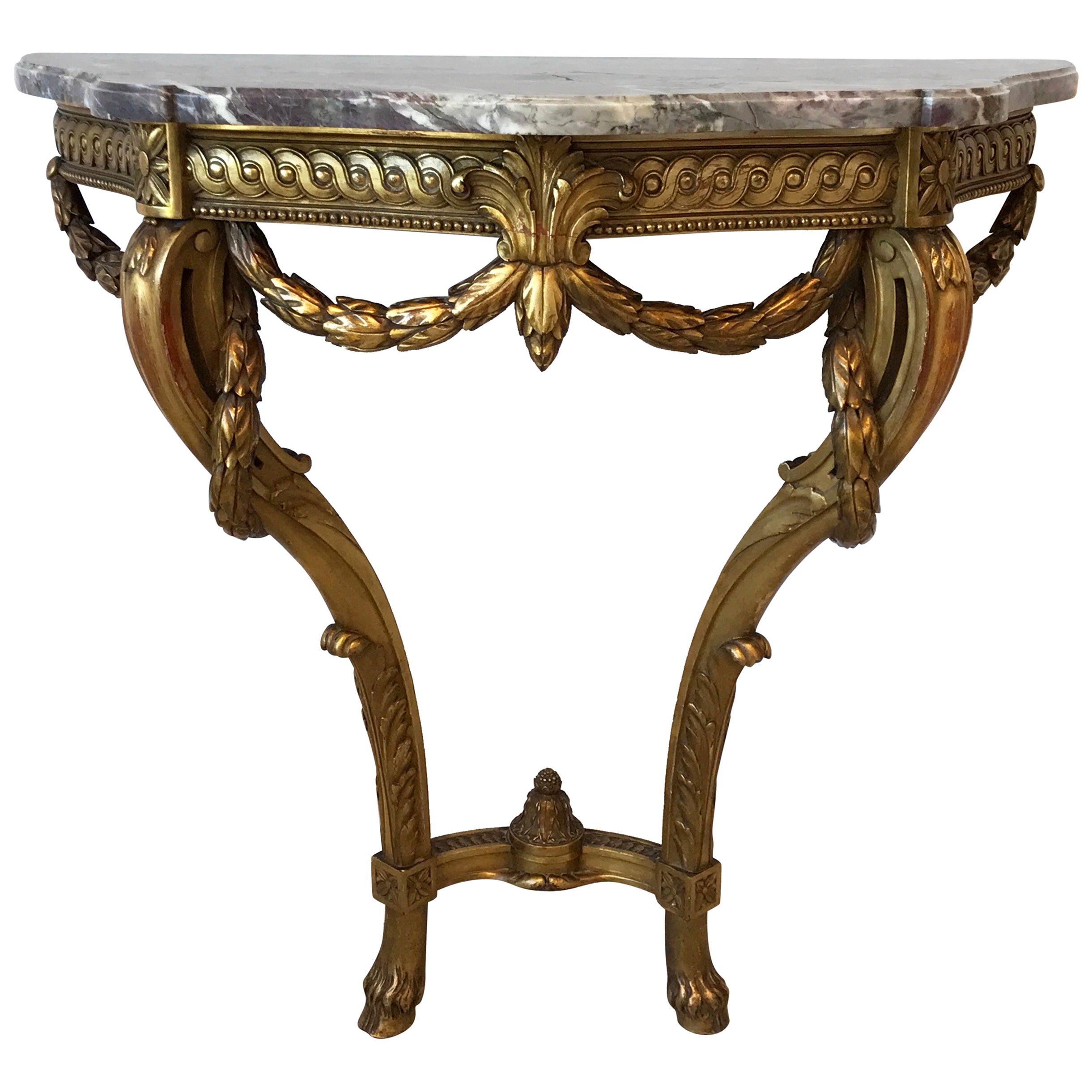 19th Century Louis XVI French Giltwood Demilune Table with Marble Top For Sale