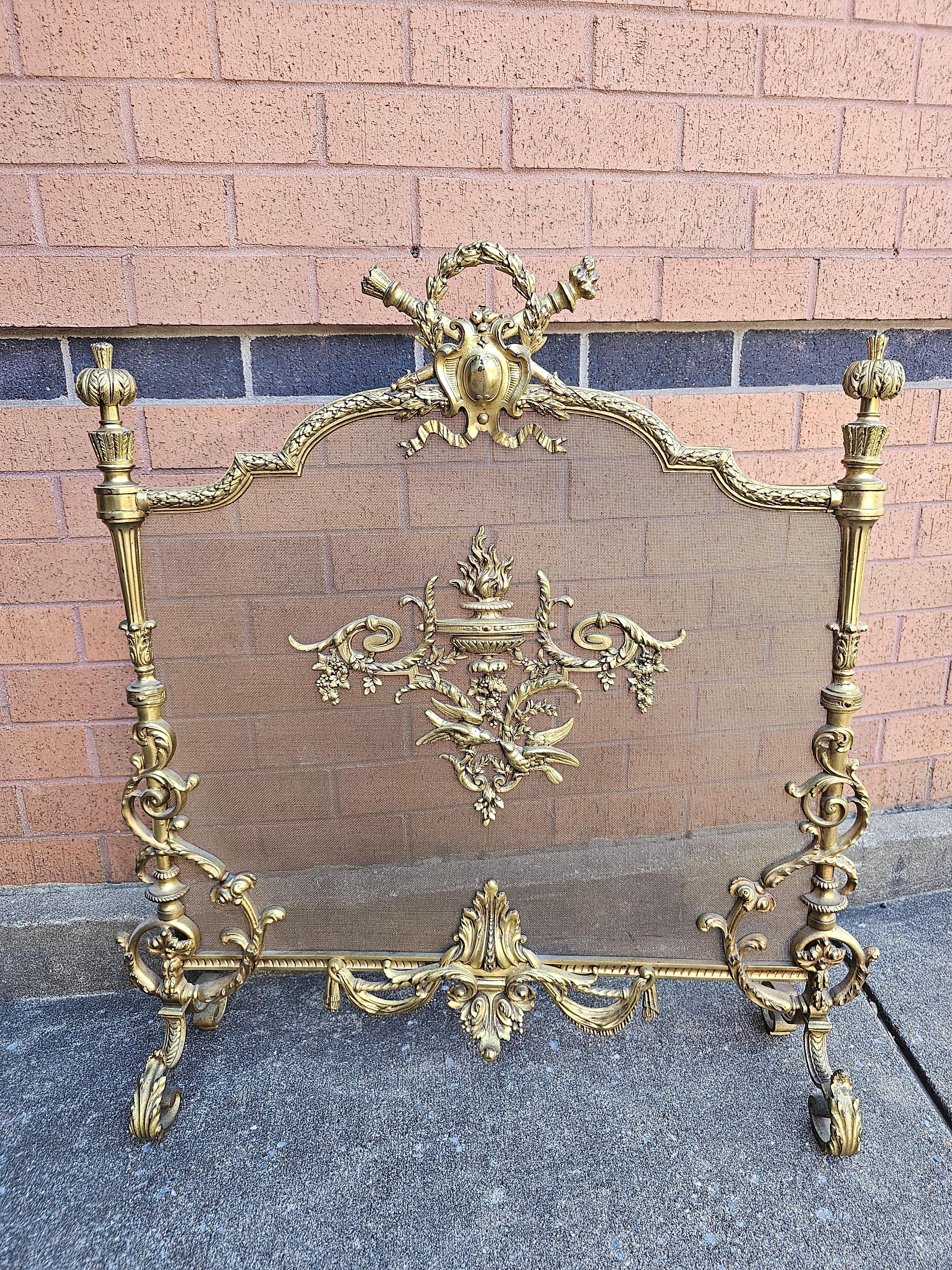 French 19th C. Louis XVI Style Cast Brass and Wire Mesh Ormolu Mounted Fireplace Screen For Sale