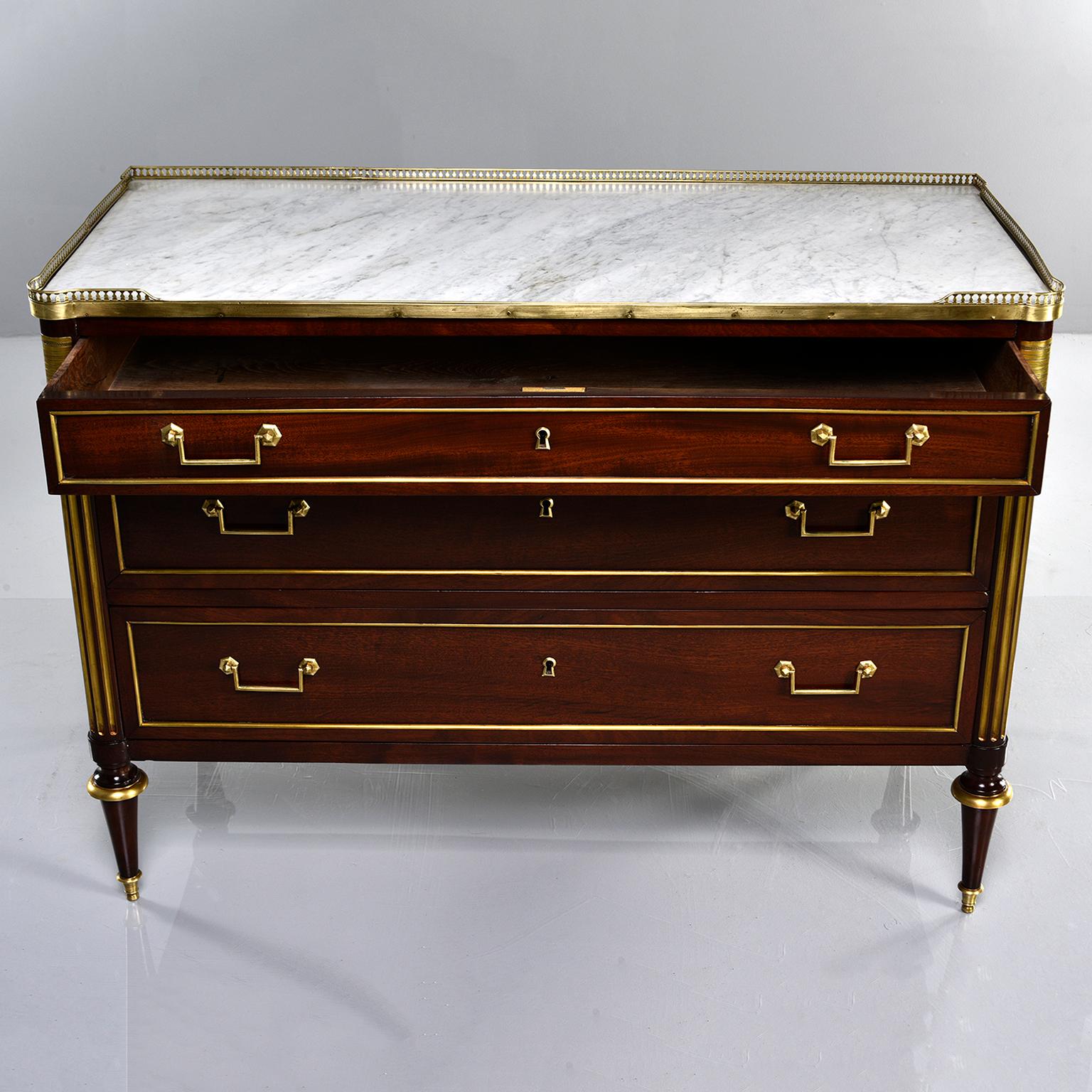 19th Century Louis XVI Style Commode with Brass Gallery and Marble Top In Good Condition In Troy, MI
