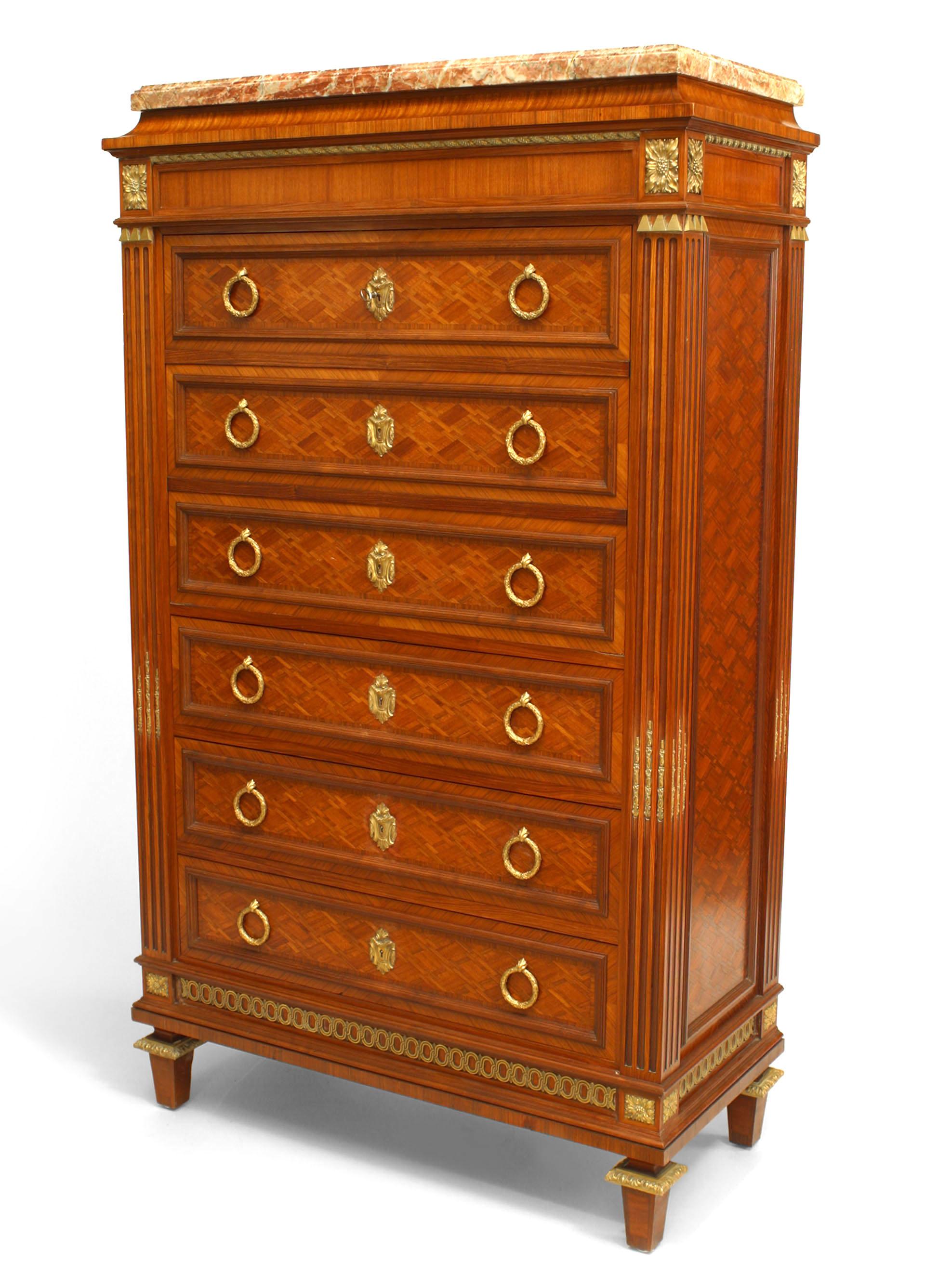 French Louis XVI-style (19th Century) parquetry inlaid drop front secretary abattant with gilt bronze trim and ring hands with 4 drawers below a fitted interior with a leather writing surface
