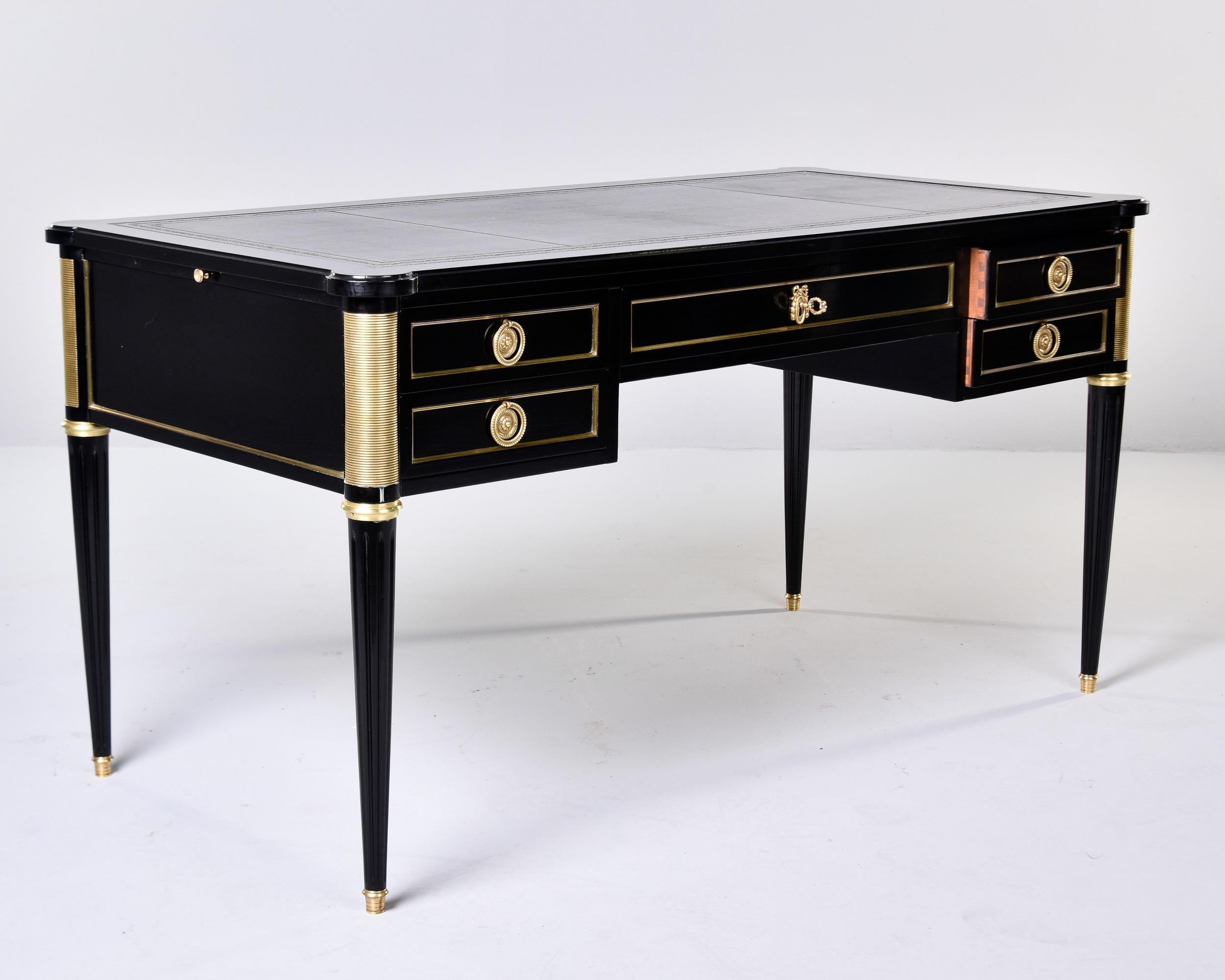 French 19th C Louis XVI Style Ebonised Desk with Brass Mounts and New Leather Top  For Sale