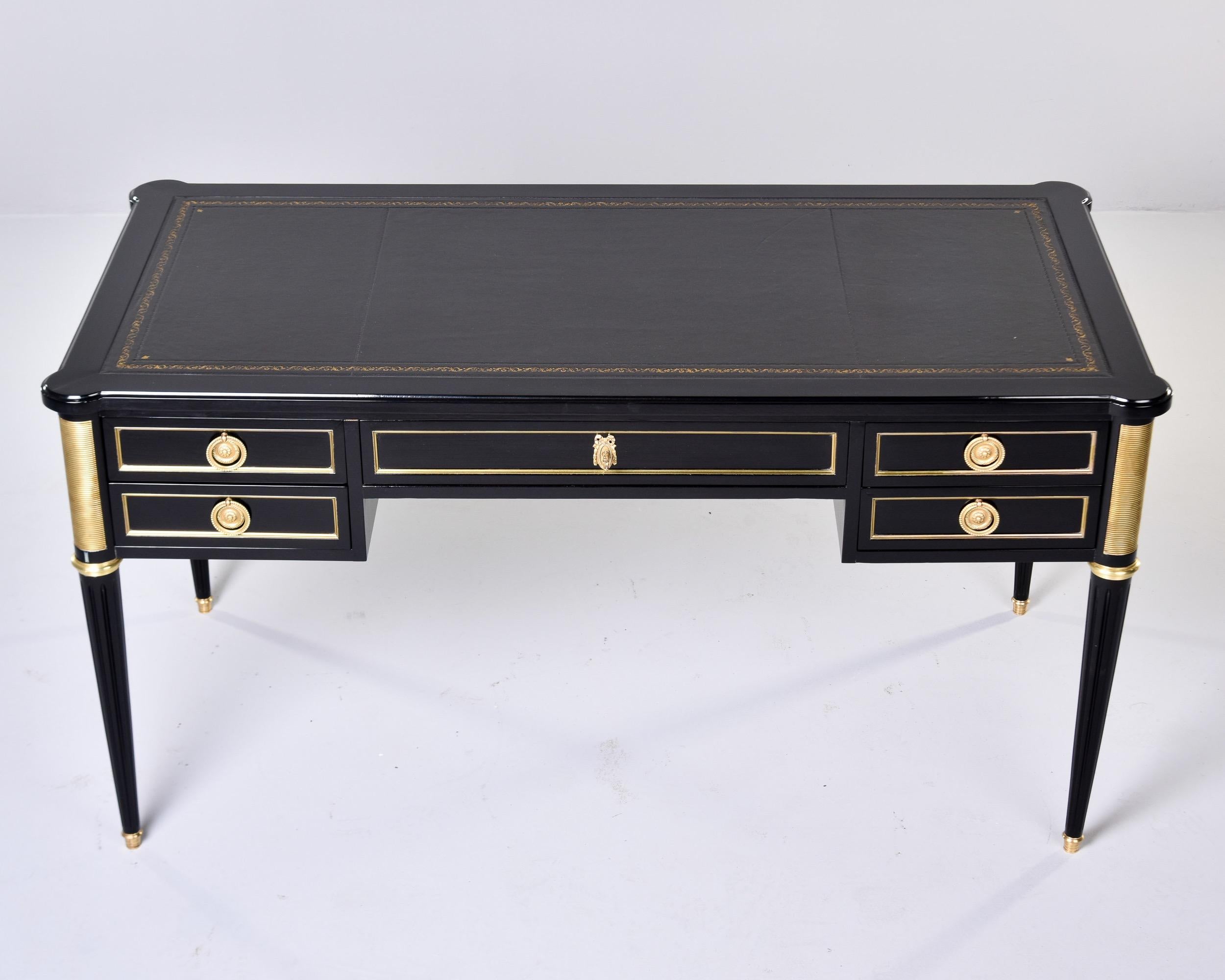 Ebonized 19th C Louis XVI Style Ebonised Desk with Brass Mounts and New Leather Top  For Sale