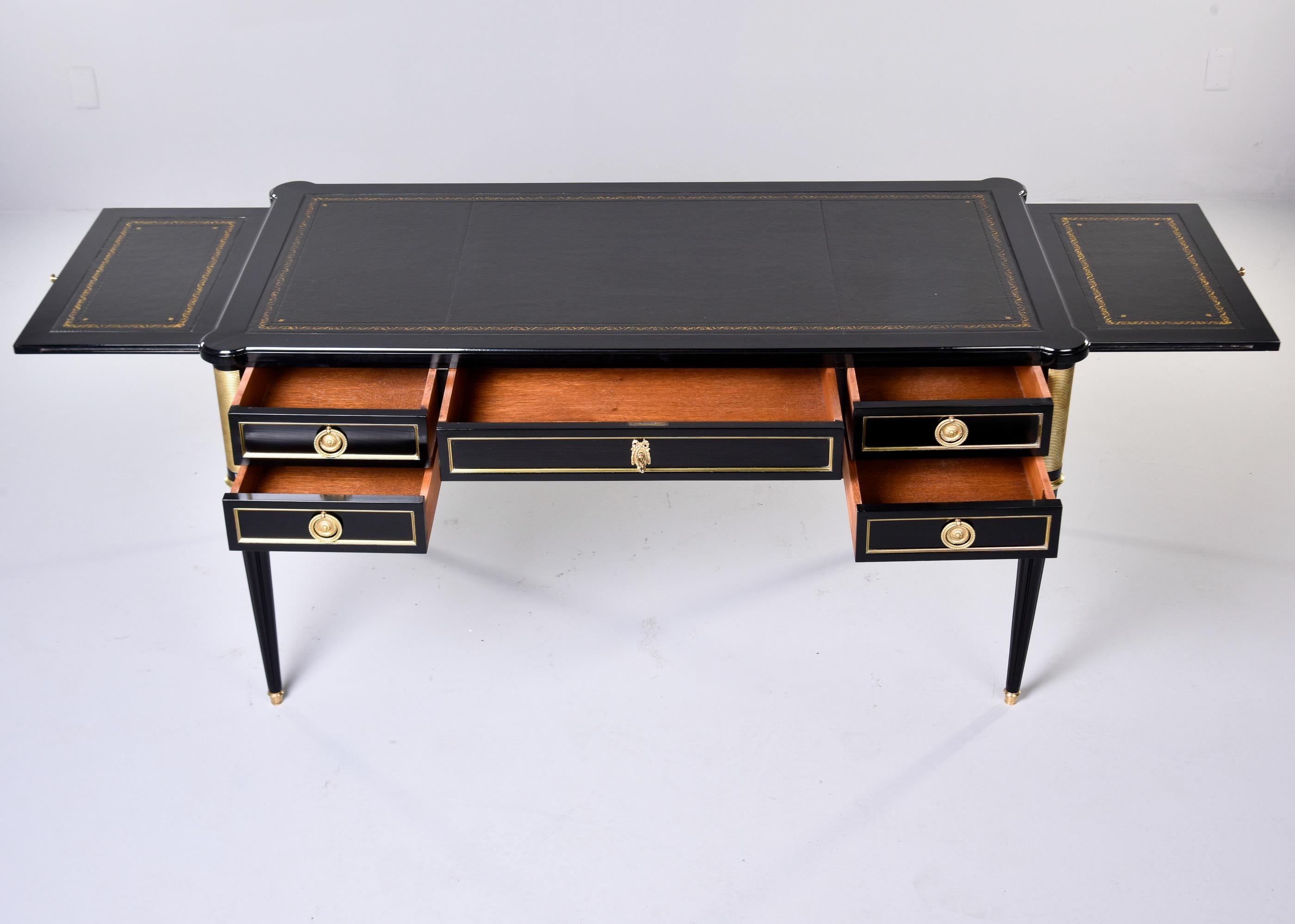 19th C Louis XVI Style Ebonised Desk with Brass Mounts and New Leather Top  For Sale 1