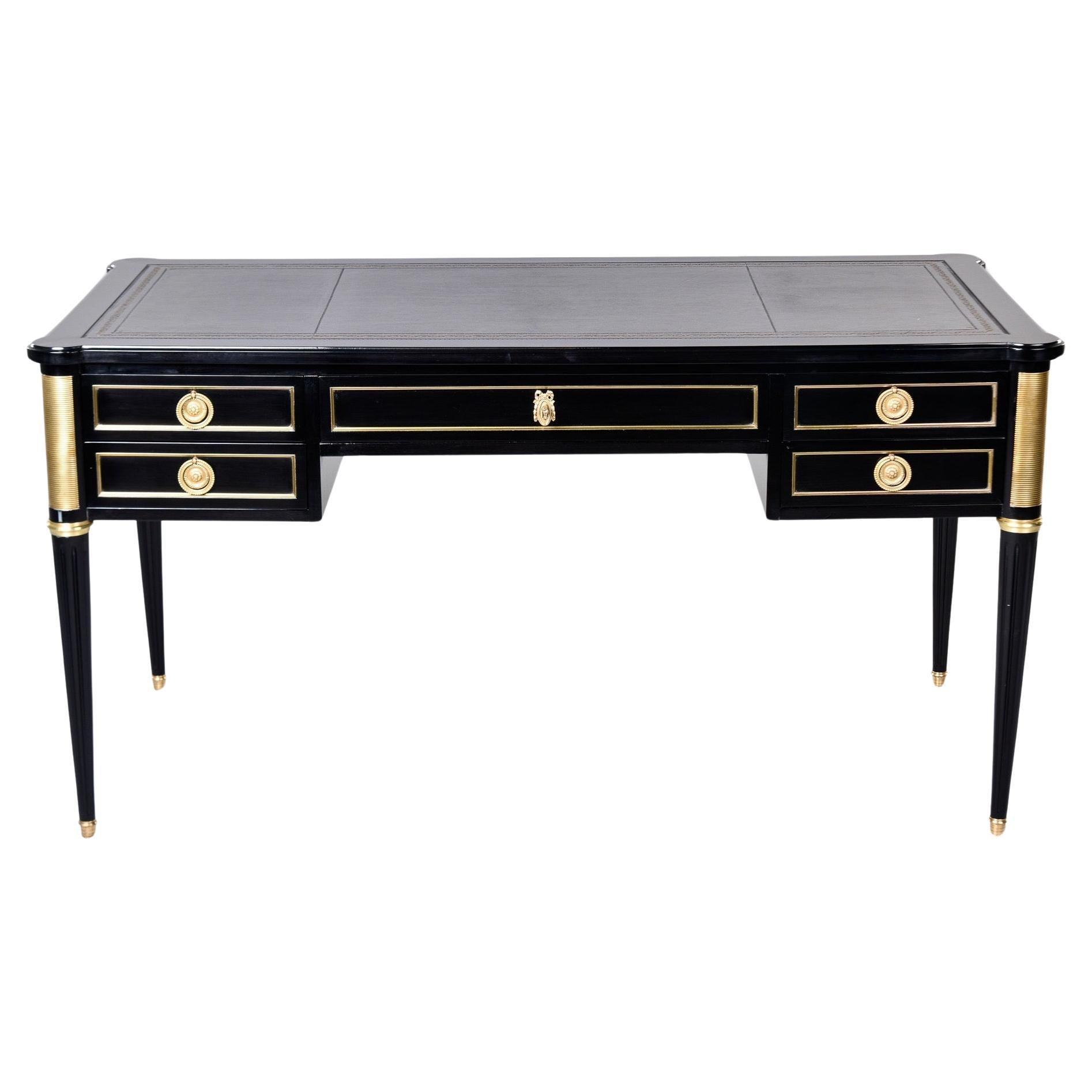 19th C Louis XVI Style Ebonised Desk with Brass Mounts and New Leather Top 