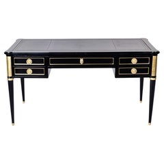 19th C Louis XVI Style Ebonised Desk with Brass Mounts and New Leather Top 