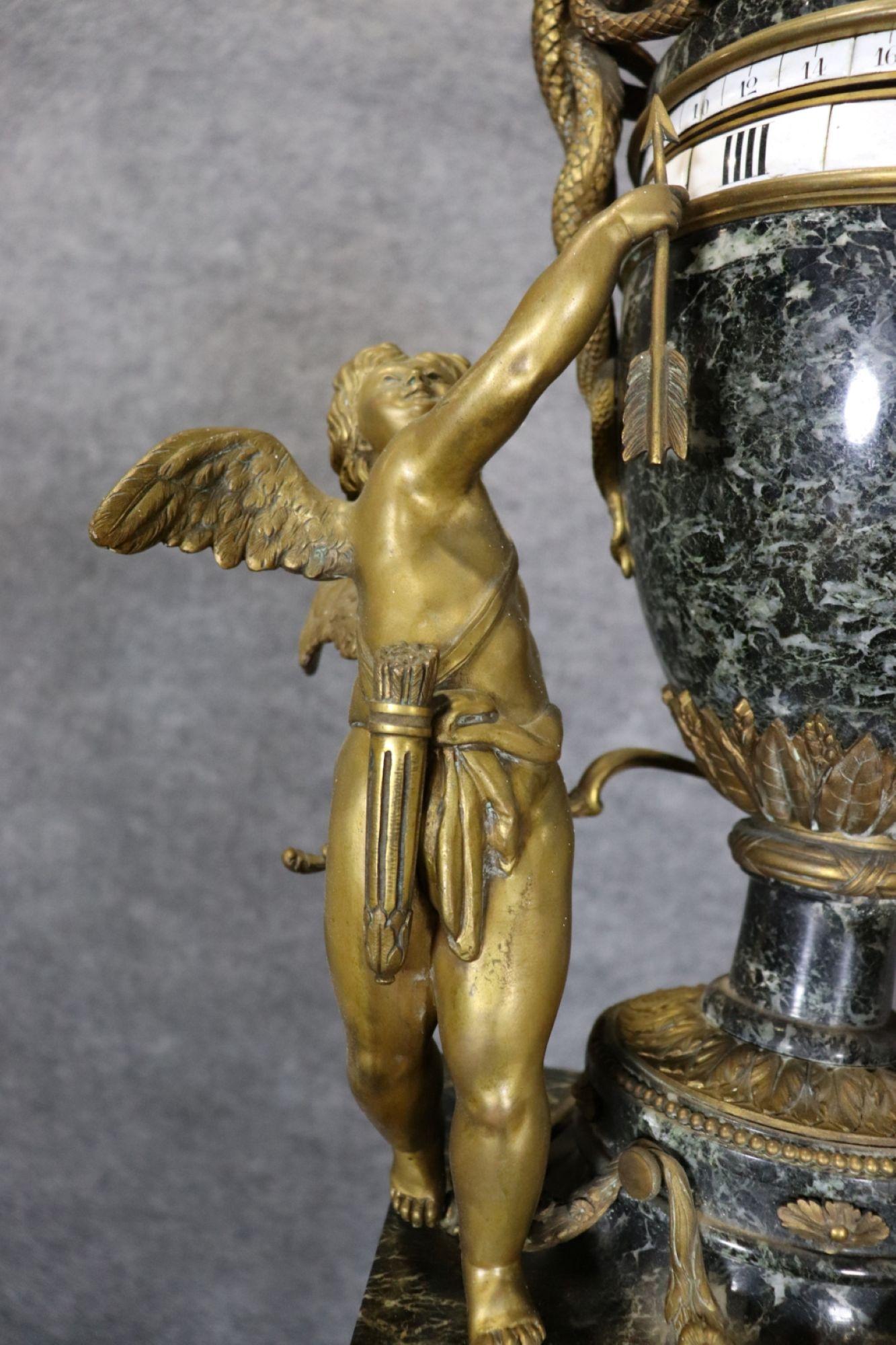 19TH C. Louis XVI Style Gilt Bronze & Green Marble Rotary Clock For Sale 1