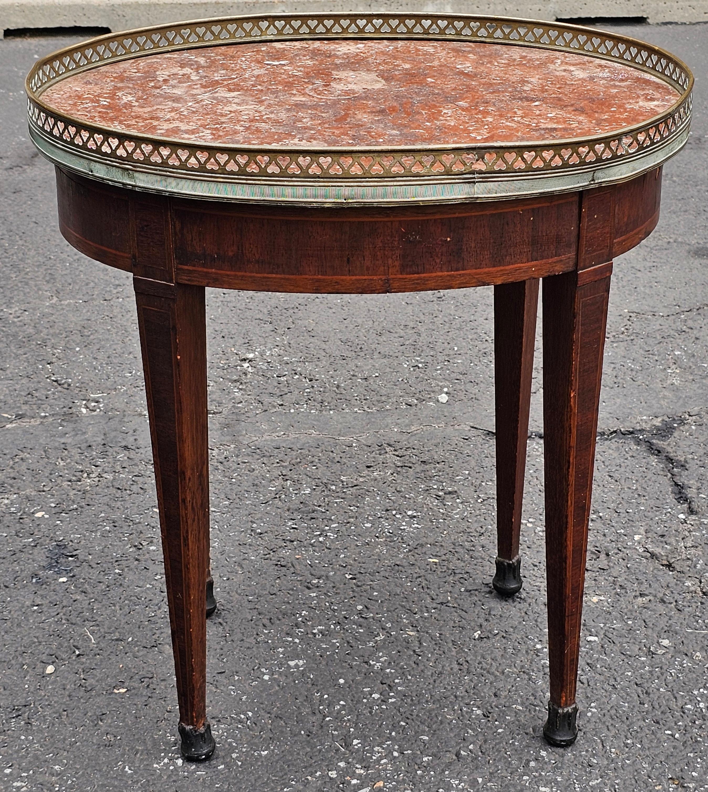 American 19th C. Louis XVI Style H Herrman Satinwood Inlaid Mahogany & Rouge Marble Table For Sale