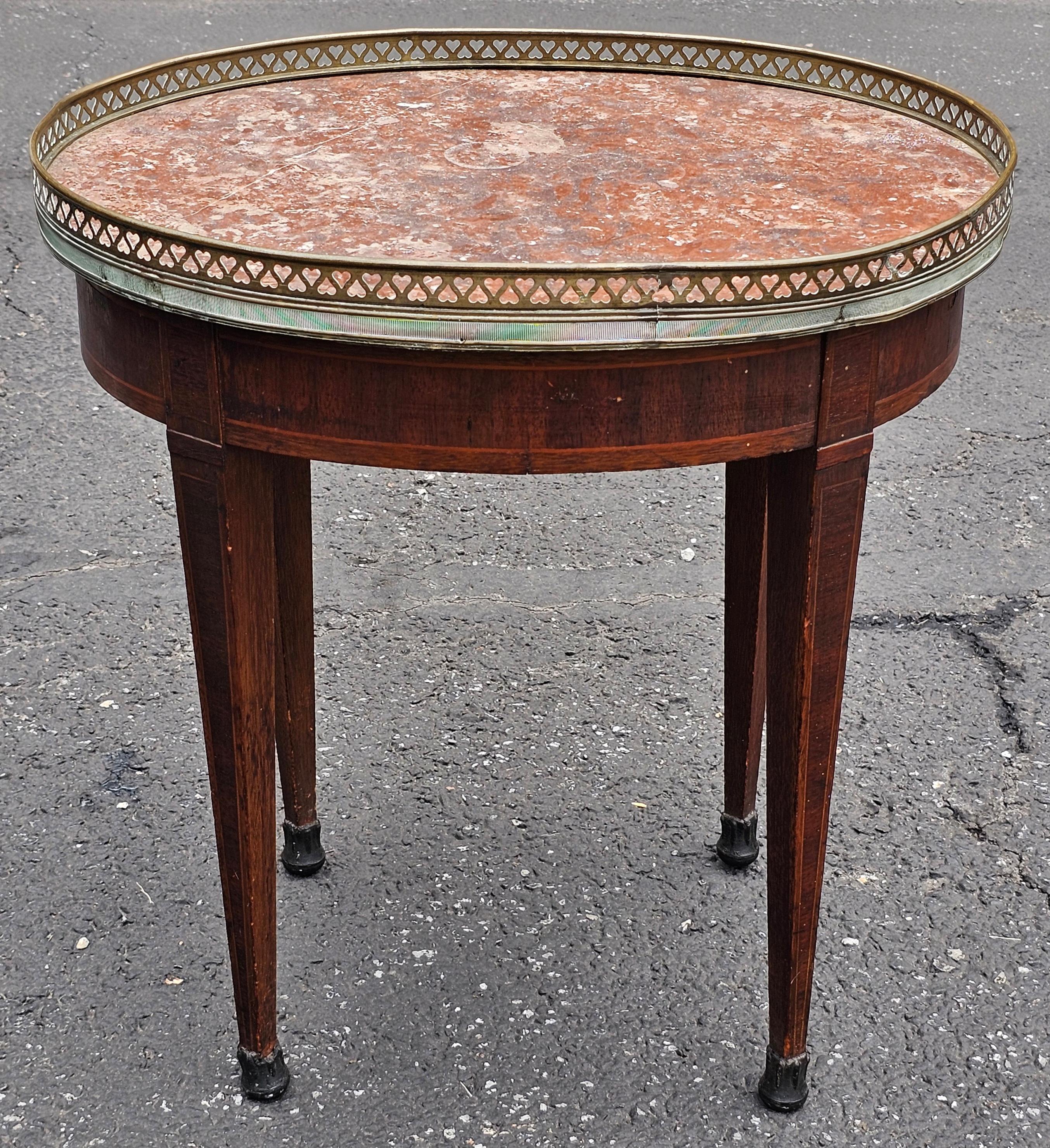 Stained 19th C. Louis XVI Style H Herrman Satinwood Inlaid Mahogany & Rouge Marble Table For Sale