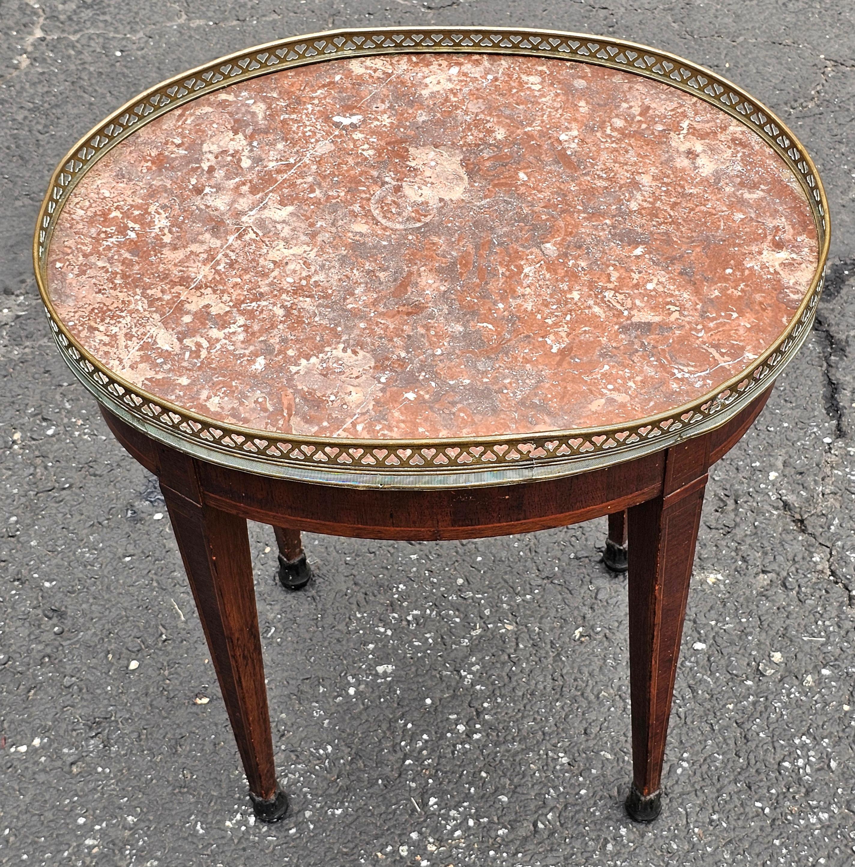 19th Century 19th C. Louis XVI Style H Herrman Satinwood Inlaid Mahogany & Rouge Marble Table For Sale