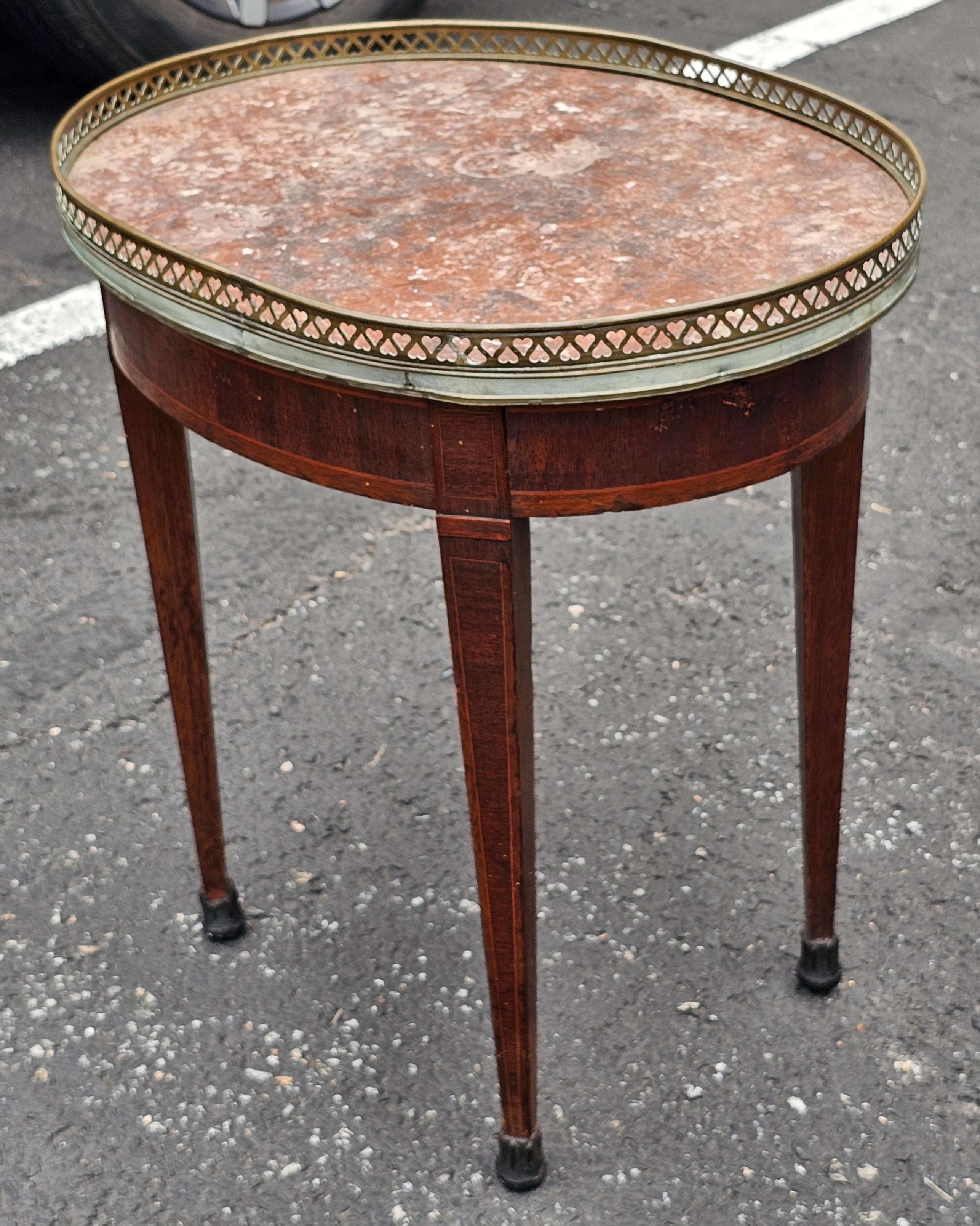 Hardwood 19th C. Louis XVI Style H Herrman Satinwood Inlaid Mahogany & Rouge Marble Table For Sale