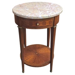 Antique 19th C. Louis XVI Style Inlaid Mahogany Marble Top Side Table W/ Brass Fittings