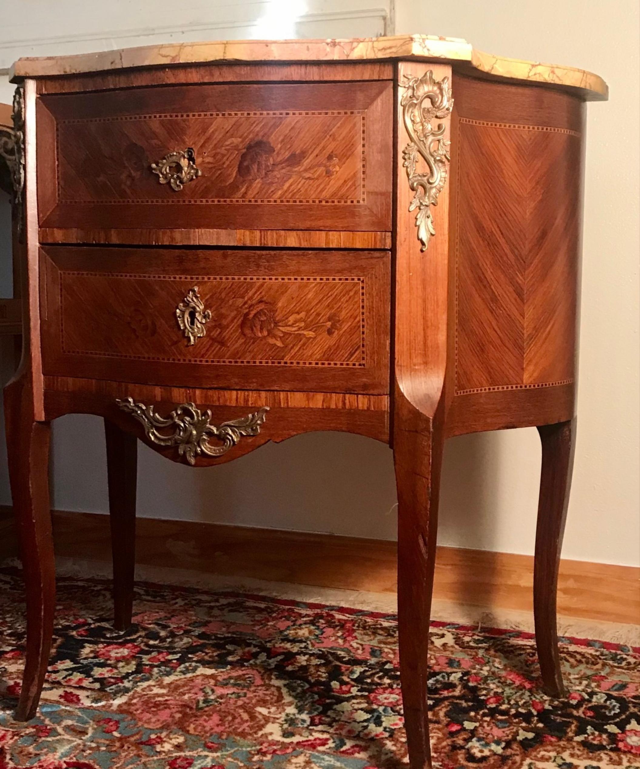 19th C. Louis XVI Style Marquetry 2-drawer Marble Commode  In Good Condition In Vero Beach, FL