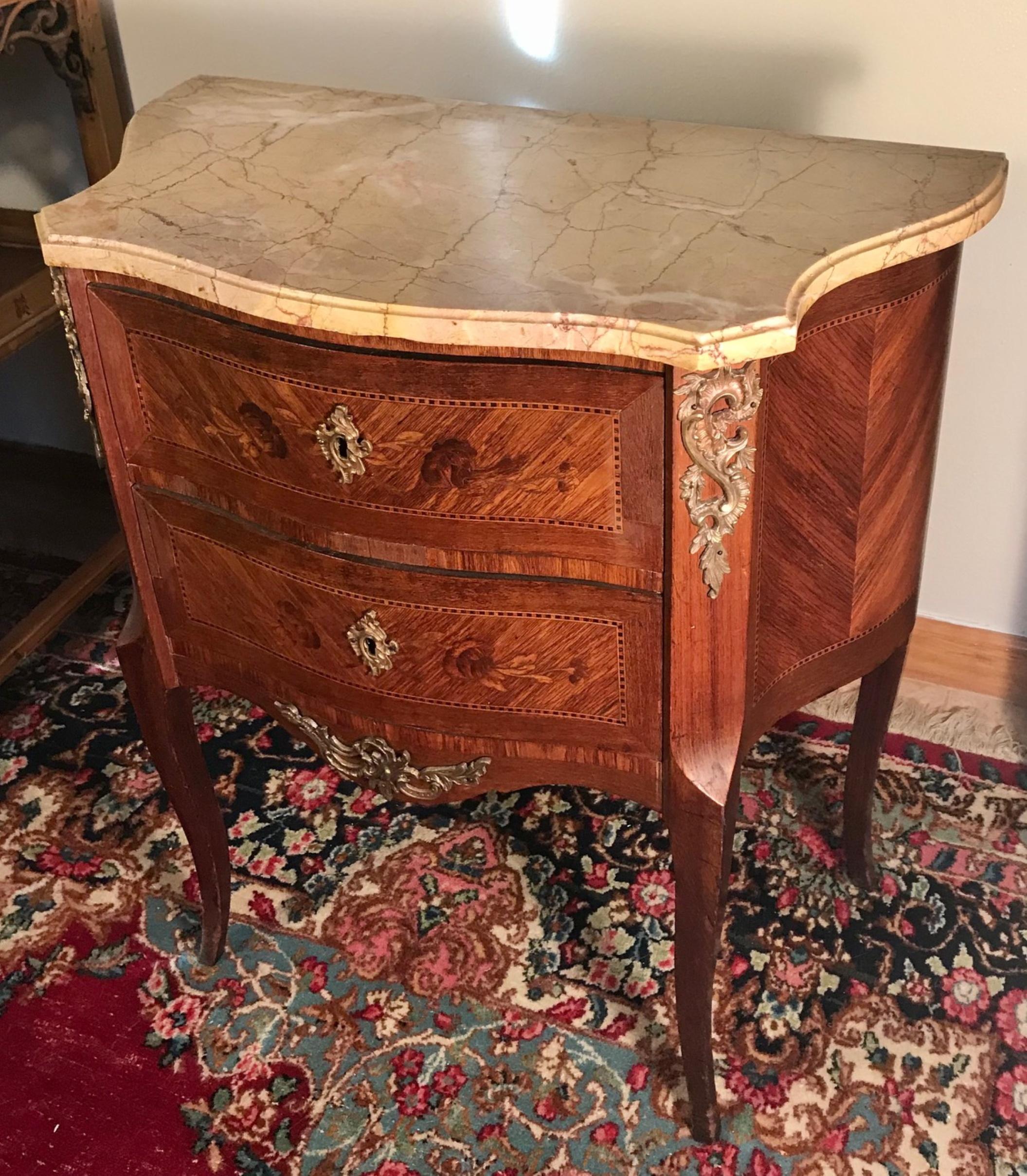 19th Century 19th C. Louis XVI Style Marquetry 2-drawer Marble Commode 
