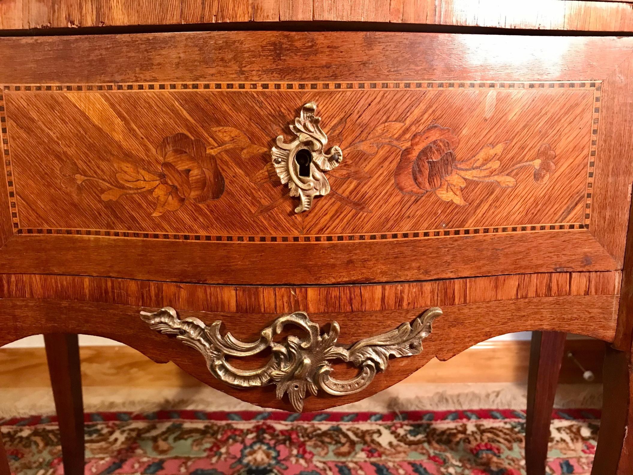 19th C. Louis XVI Style Marquetry 2-drawer Marble Commode  2