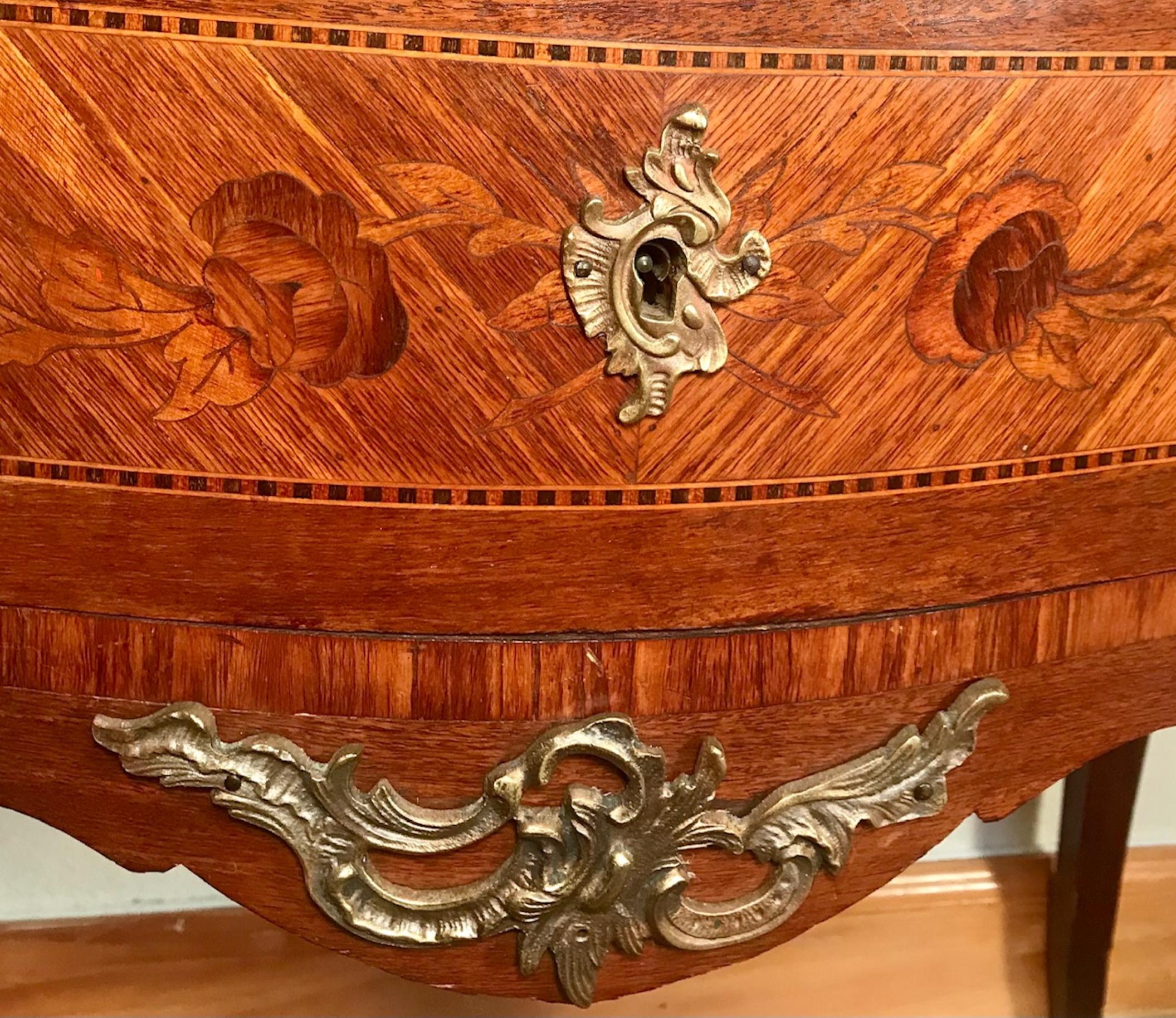 19th C. Louis XVI Style Marquetry 2-drawer Marble Commode  3
