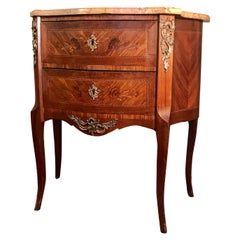19th C. Louis XVI Style Marquetry 2-drawer Marble Commode 