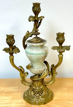 19th C. Louis XVI Style Ormolu 3 -Light Candelabra with Green Rock Crystal Urn
