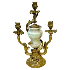 Antique 19th C. Louis XVI Style Ormolu 3 -Light Candelabra with Green Rock Crystal Urn