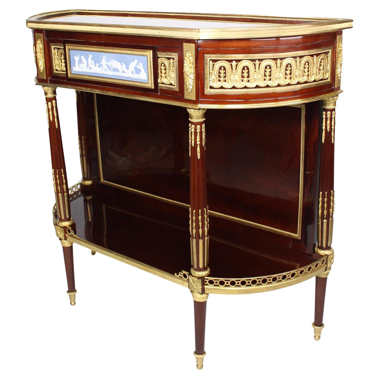 19th C. Louis XVI Style Ormolu-Mounted Mahogany Jasperware Console Vitrine Table en vente