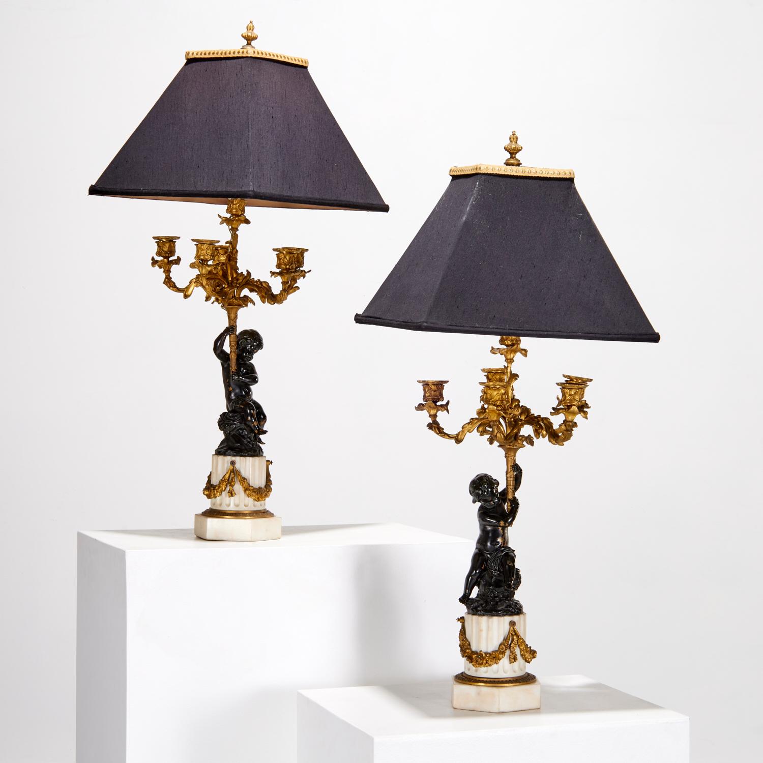 Lámparas Candelabro de Bronce Dorado y Pintado Estilo Luis XVI S. XIX con Pantalla en venta 6