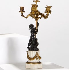 19th C. Louis XVI Style Painted and Gilt Bronze Candelabra Lamps with Shades