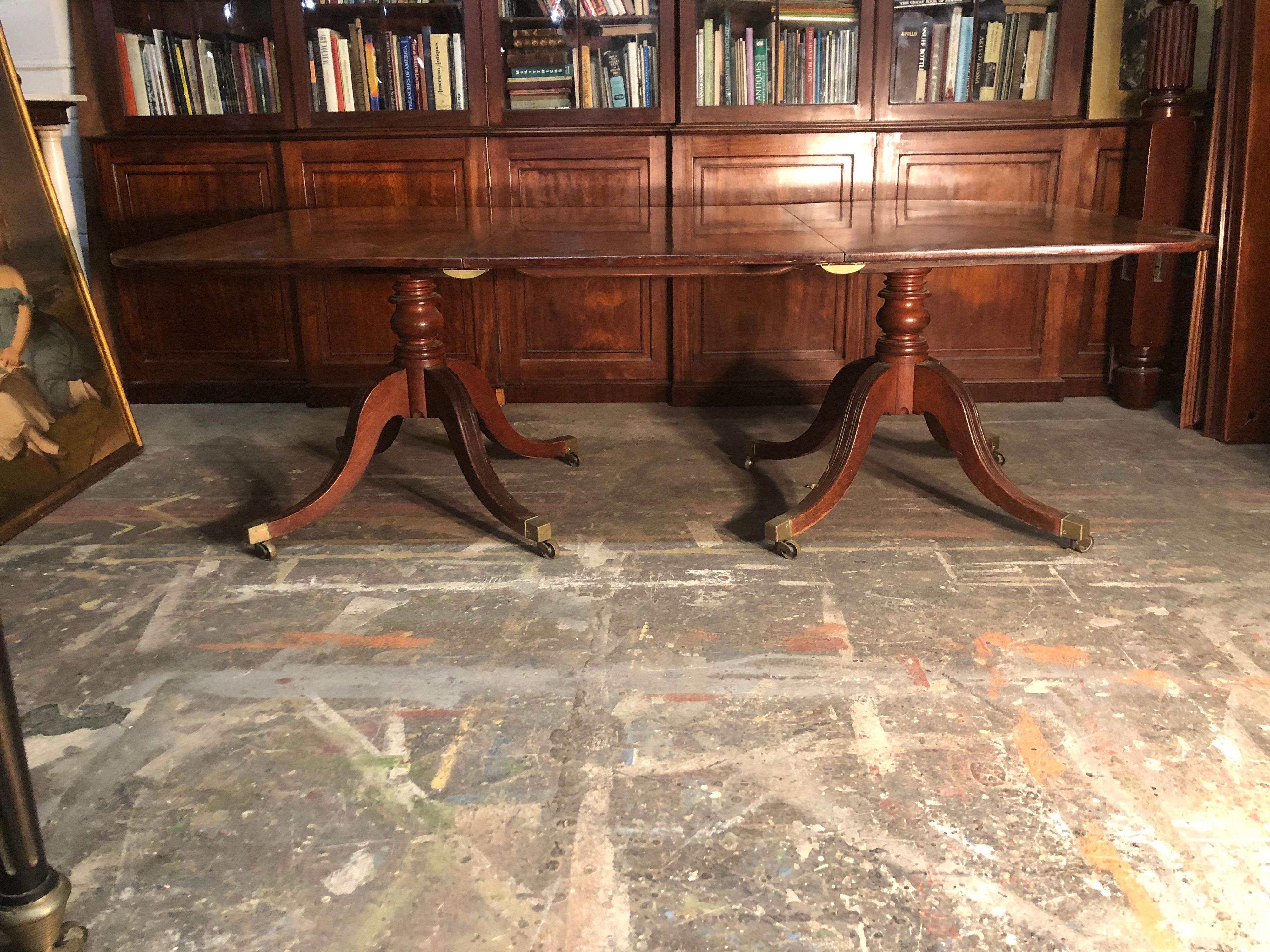 19th Century 19th C. Mahogany Double Pedestal English Regency Dining Table with Brass Casters