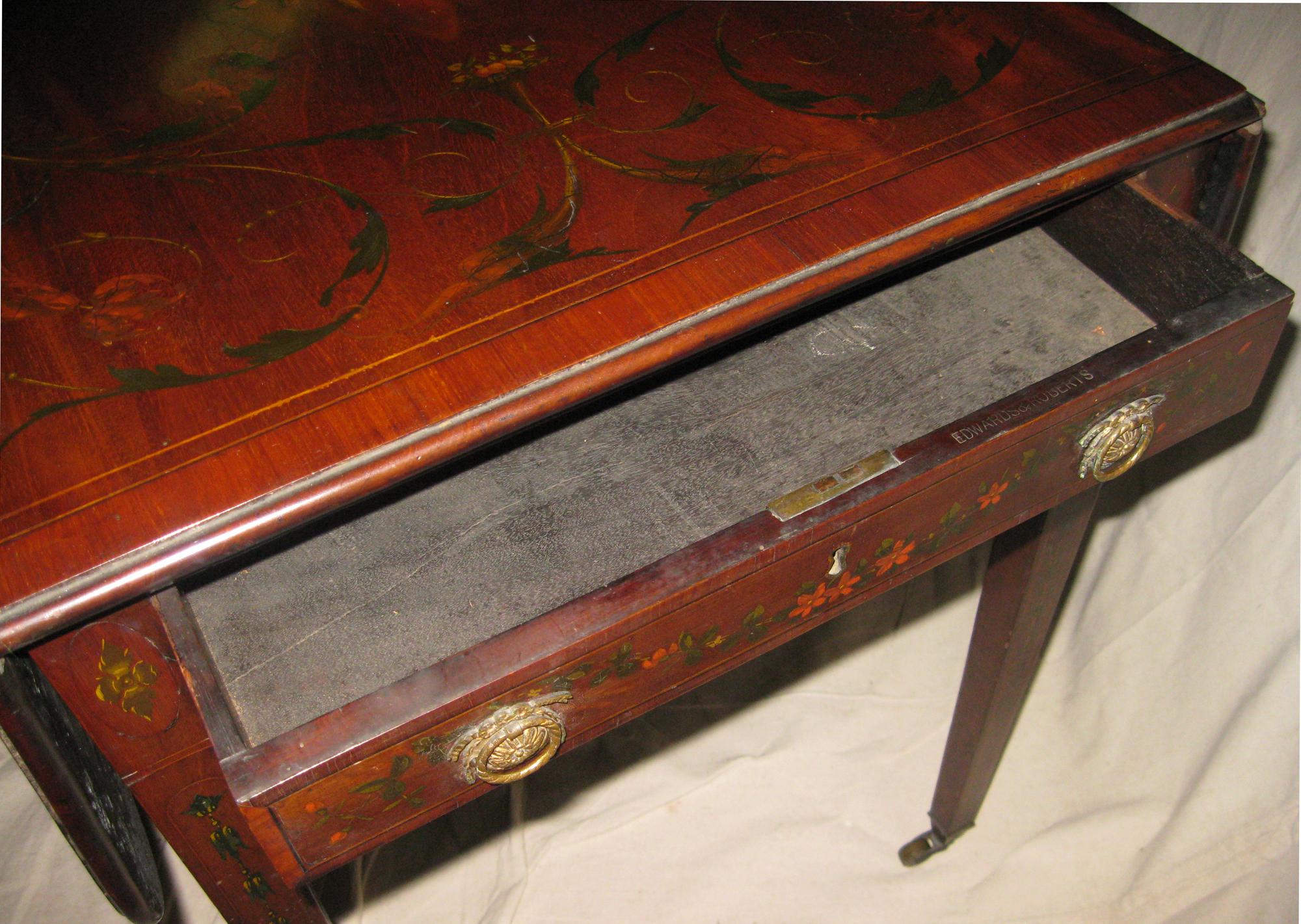 Neoclassical Revival 19thc Mahogany Pembroke Table Edwards & Roberts London w/ Decorative Painting  For Sale