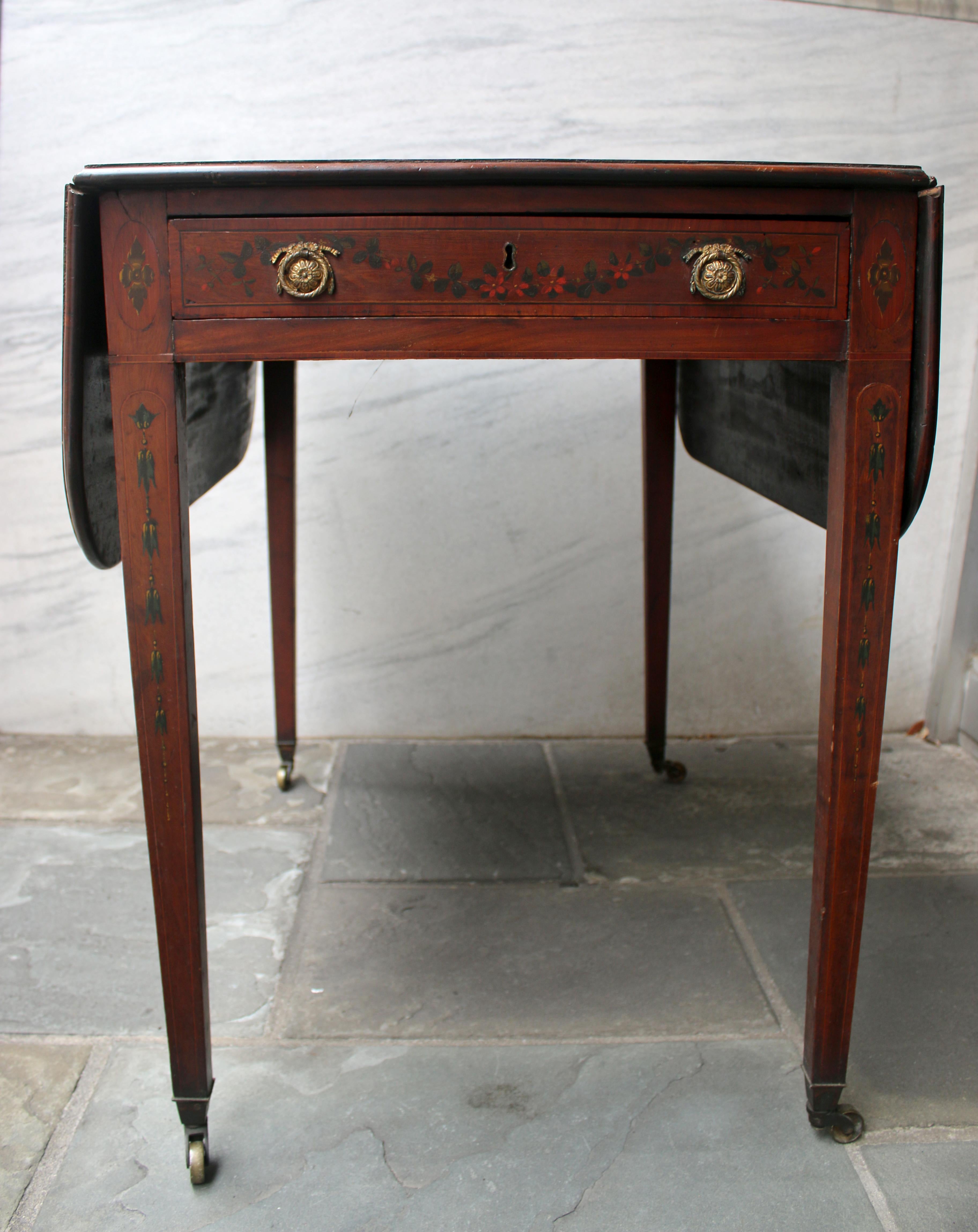 Hand-Painted 19thc Mahogany Pembroke Table Edwards & Roberts London w/ Decorative Painting  For Sale