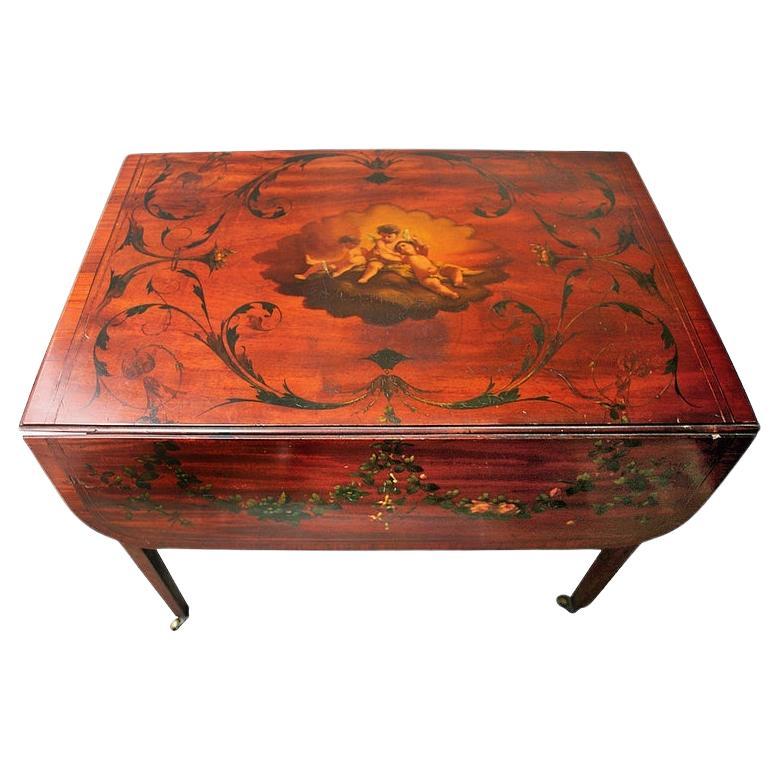 19thc Mahogany Pembroke Table Edwards & Roberts London w/ Decorative Painting  For Sale